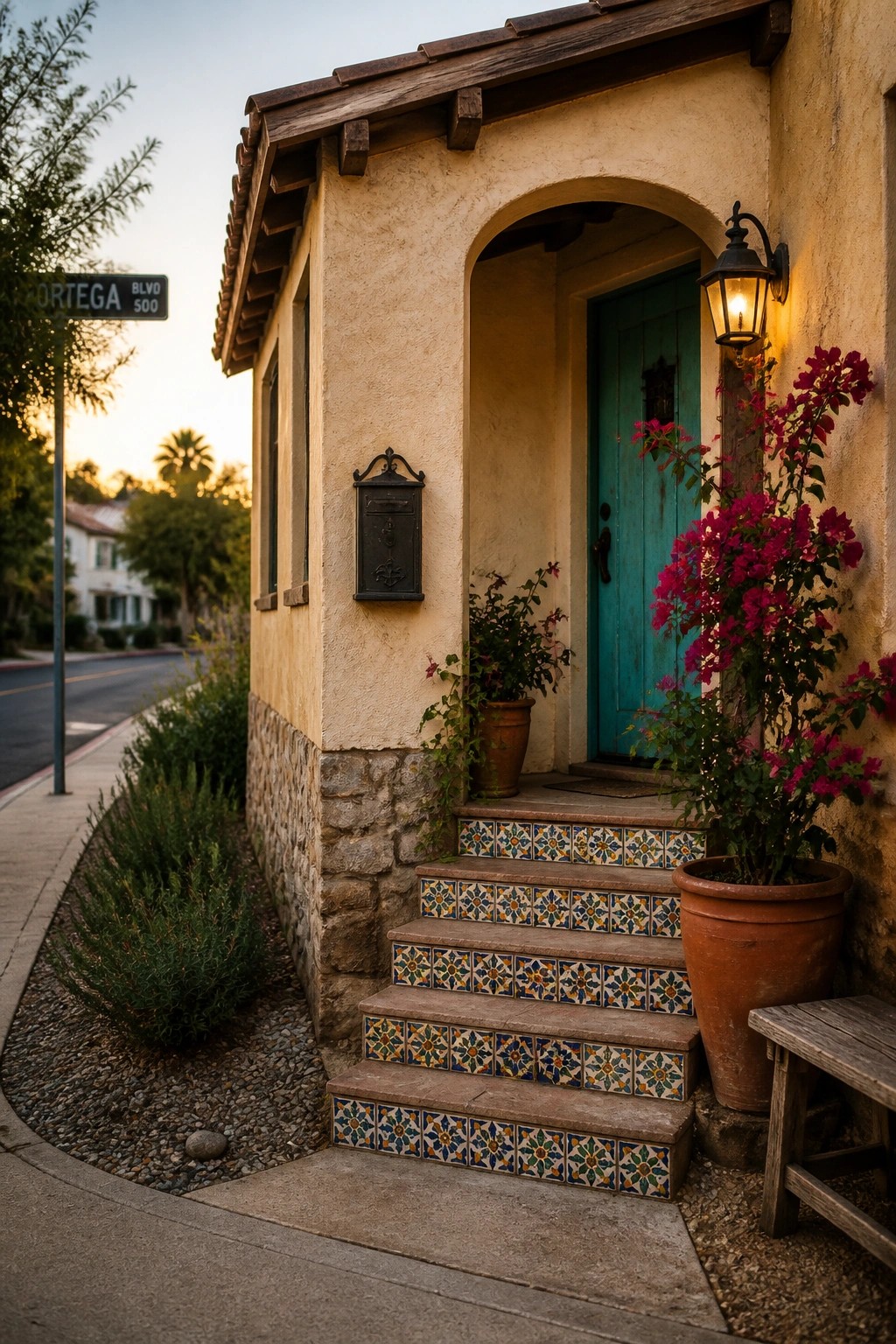 A small stucco house exterior with an arched entry, colorful patterned tiles on the steps, a turquoise door, potted plants, and a wall lantern at dusk.