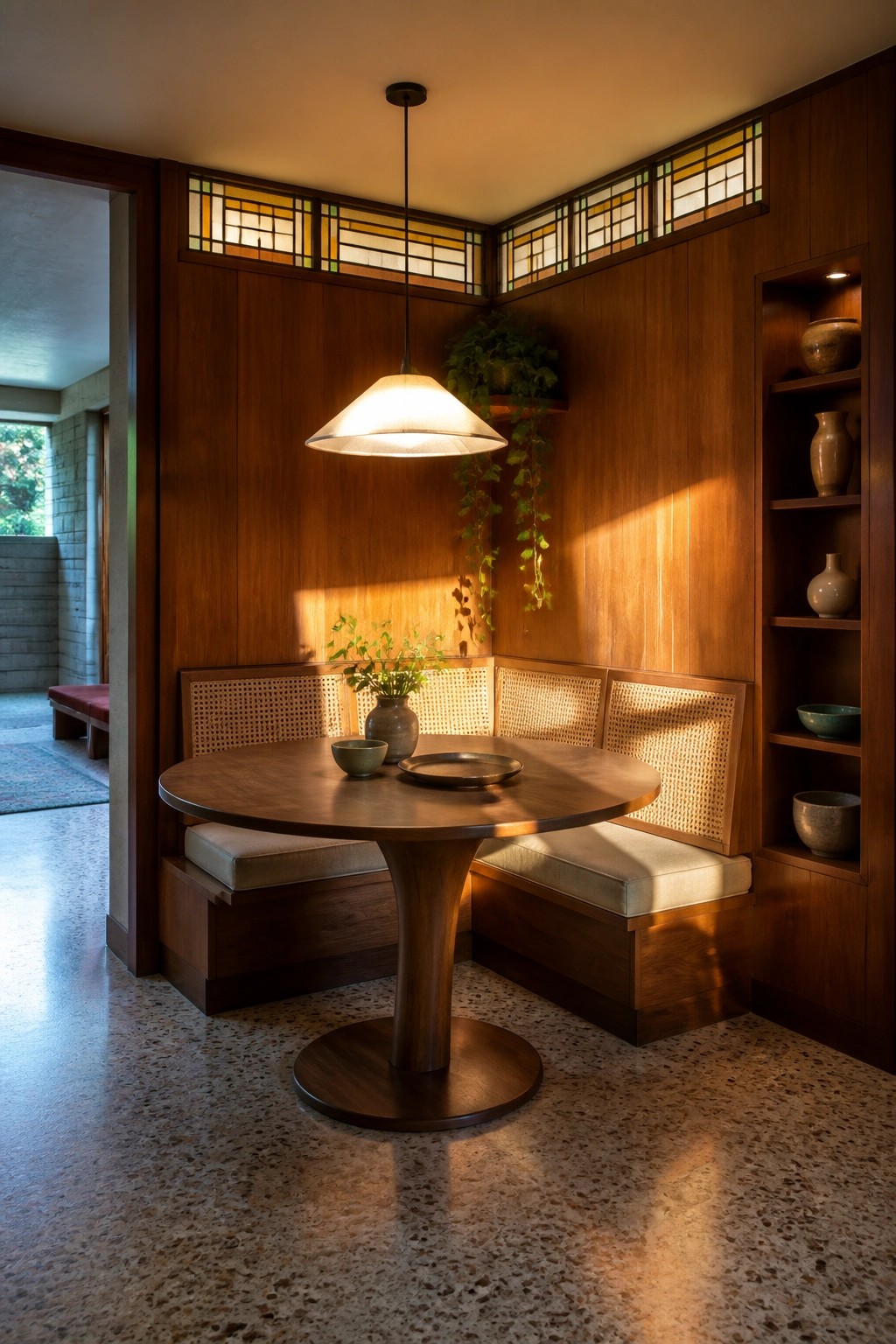 Interior view of a round wooden dining table surrounded by built-in corner bench seating with cane panels, wood walls, and a large pendant light overhead.