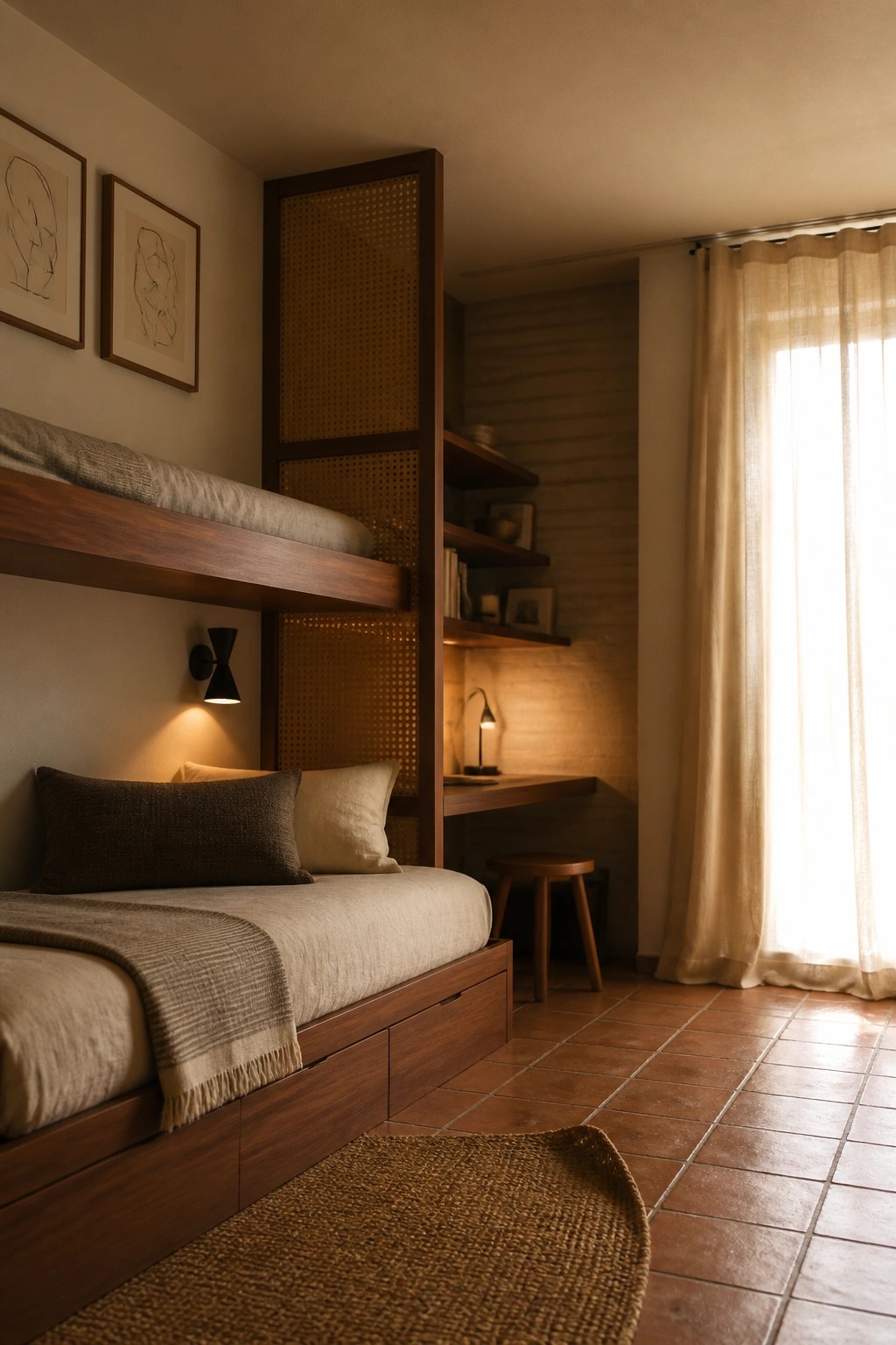A bedroom interior showing a wooden built-in lower bed with storage drawers and an elevated upper platform bed, divided by a perforated screen, next to a small desk area and a window with sheer curtains.