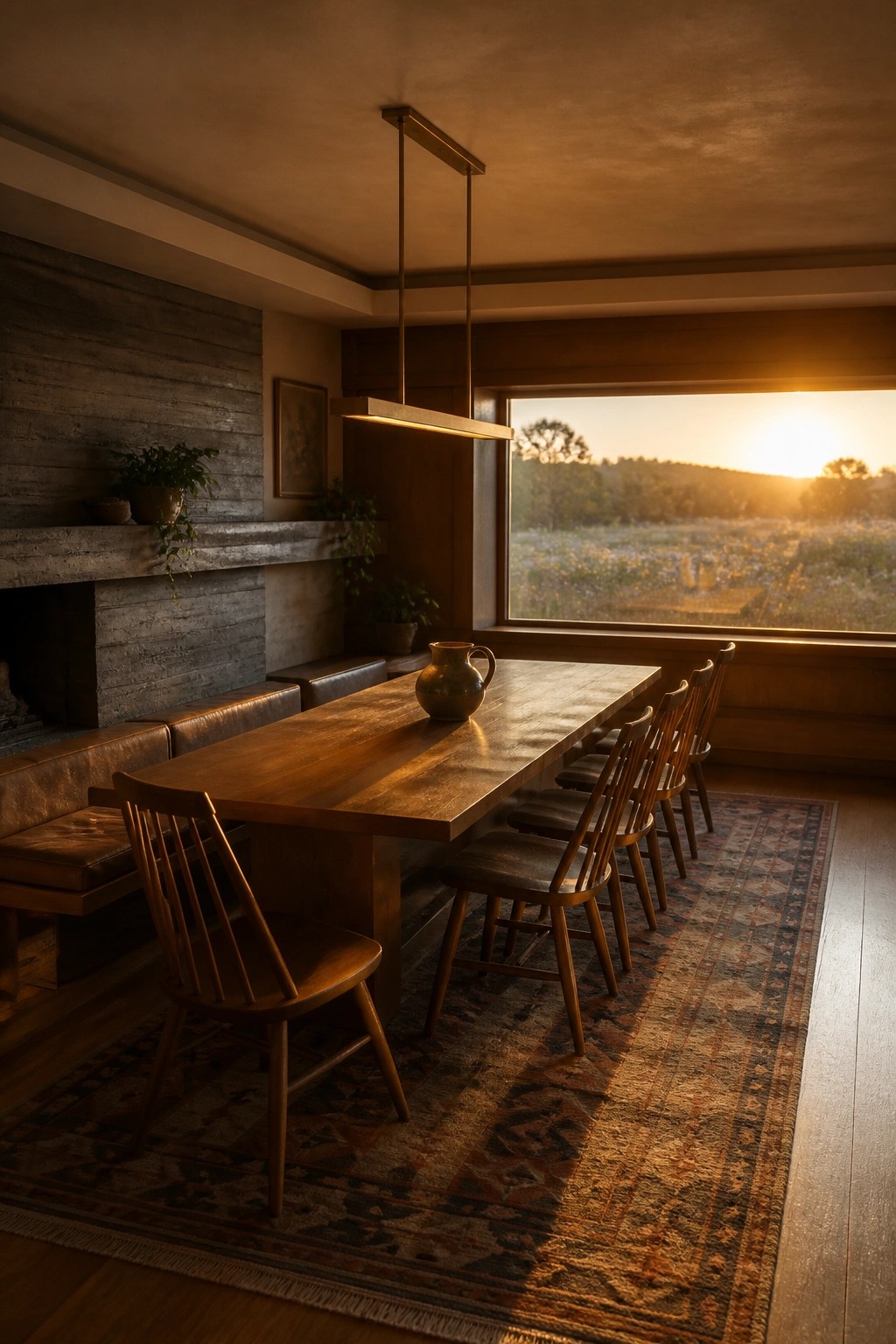 A long wooden dining table with spindle-back chairs on one side and a built-in leather bench on the other sits in a room with a stone fireplace wall and a large window.