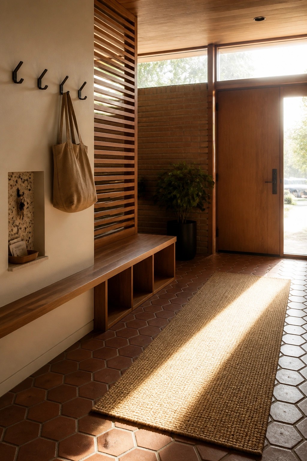 A wooden built-in bench with open cubbies runs along a wall with black hooks and a recessed niche in a tiled entryway beside a wooden door.