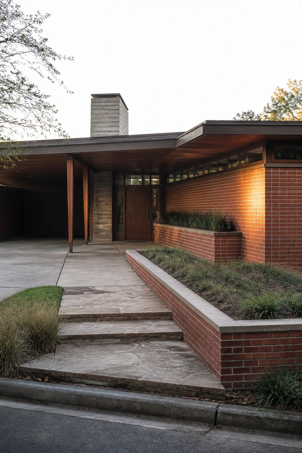 A brick house exterior with a flat roof overhang, wooden support posts, a central wooden door, and raised brick planters containing grass running along the front wall.