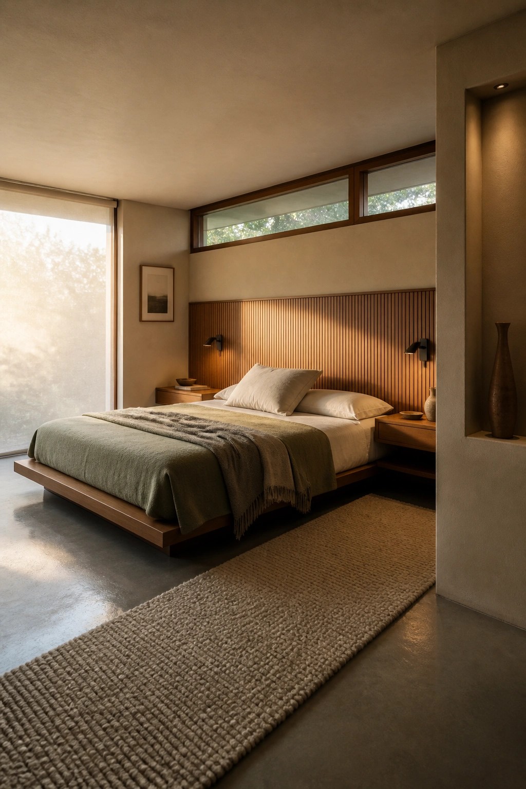 A minimalist bedroom with a low wooden platform bed, green bedding, and a vertical wood slat headboard wall that incorporates built-in nightstands and wall sconces, with horizontal clerestory windows above.