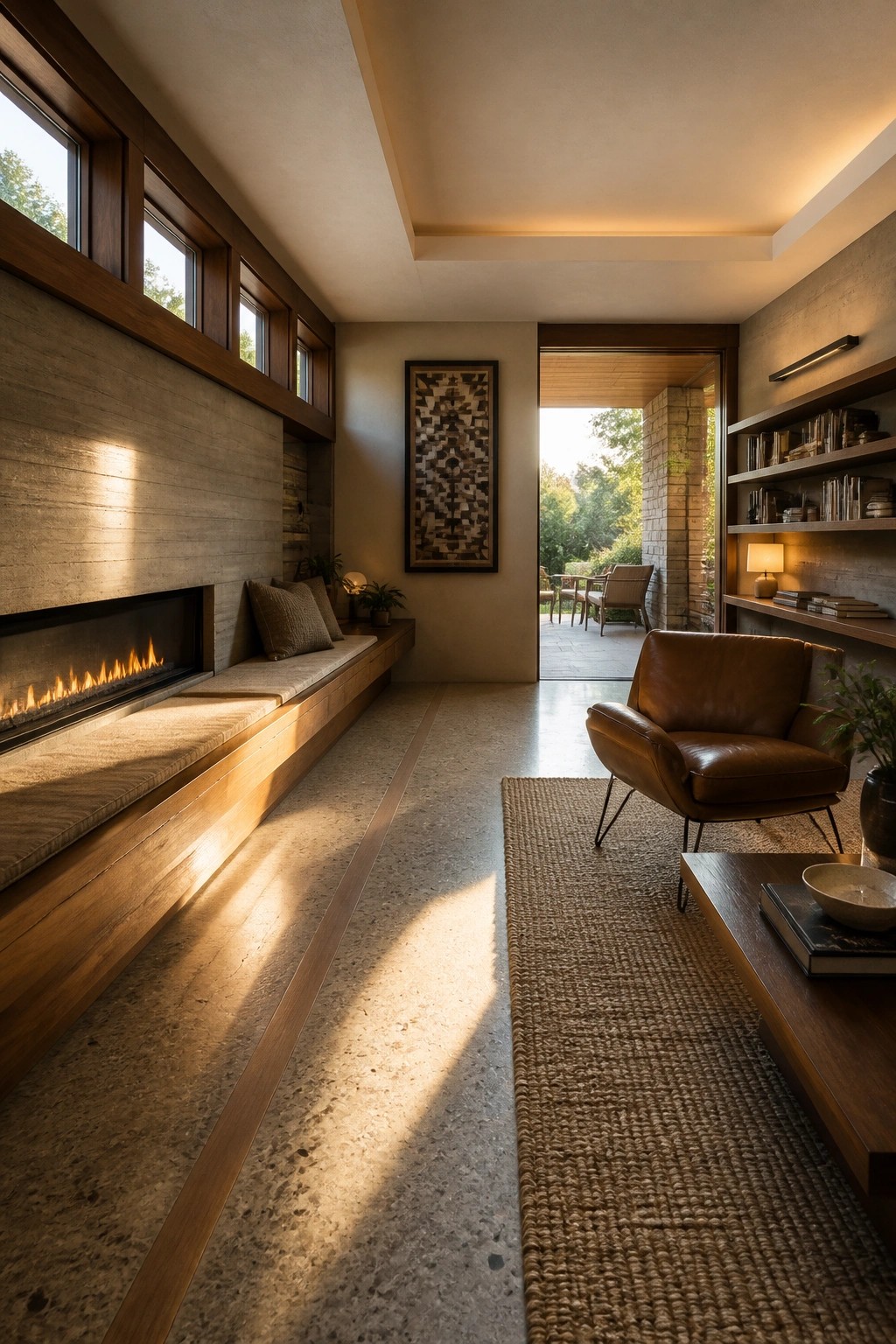 A modern interior with a long built-in bench beside a linear fireplace, a brown leather chair on a woven rug, and an open doorway to an outdoor patio.
