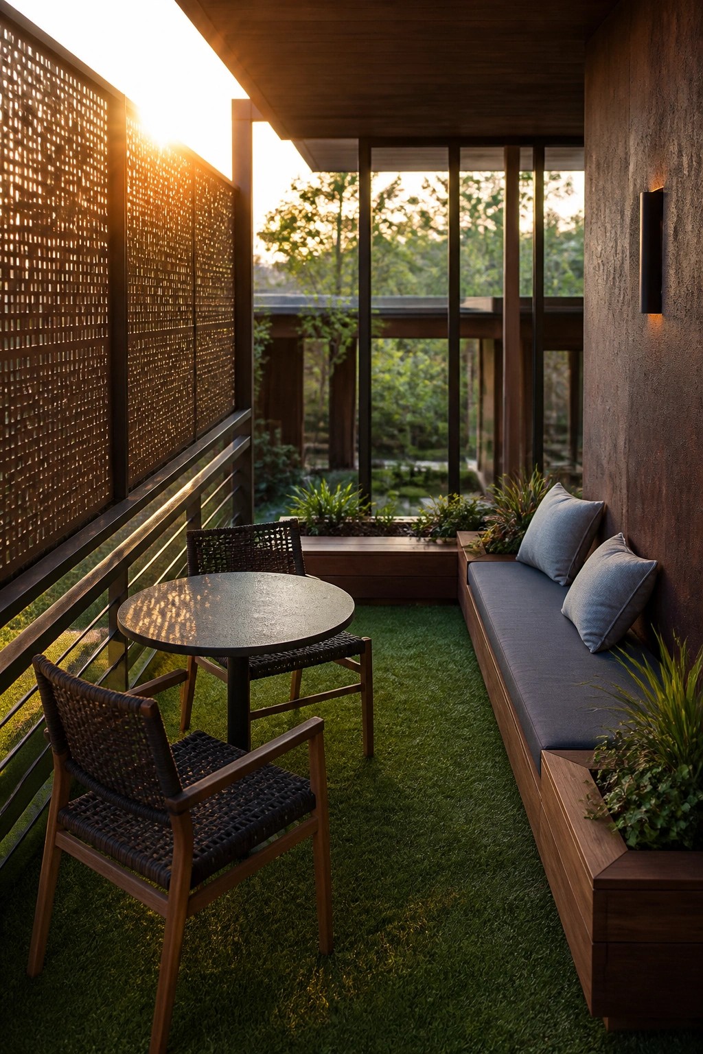 Modern wooden patio with round table, woven chairs, cushioned bench, and sunset view