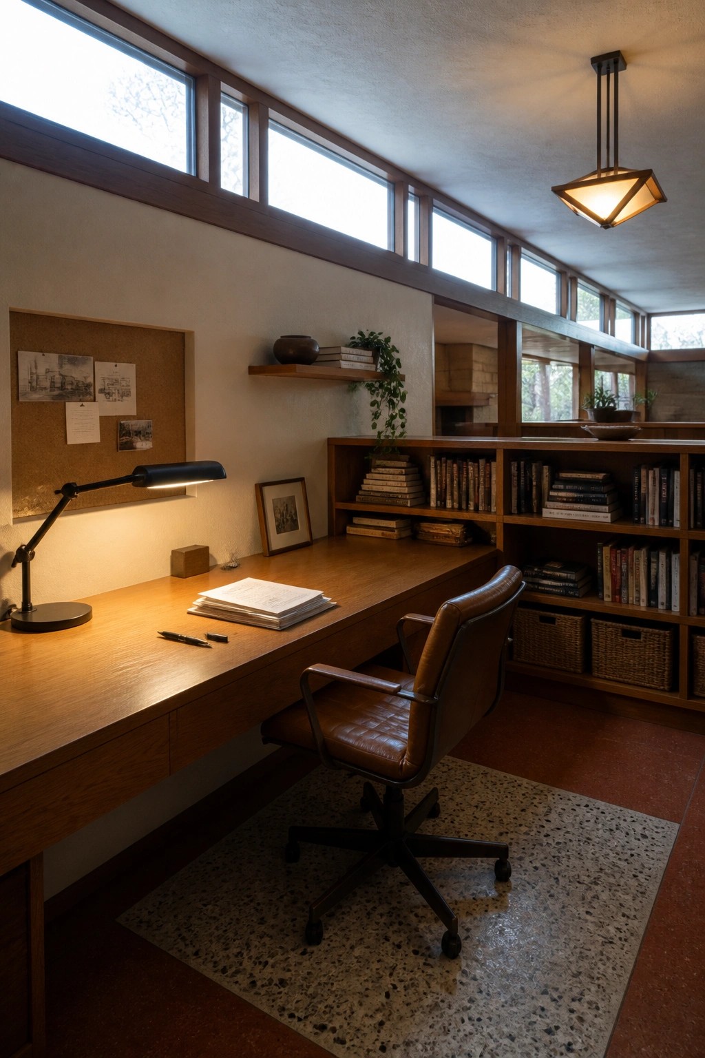 A wooden desk with built-in bookshelves, a brown leather office chair on a terrazzo rug, and high clerestory windows along the wall.
