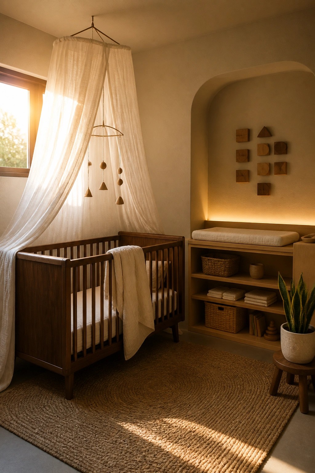 A wooden crib with a white fabric canopy stands on a round woven rug beside a built-in wooden changing table with open shelves holding baskets and folded linens in a softly lit nursery.