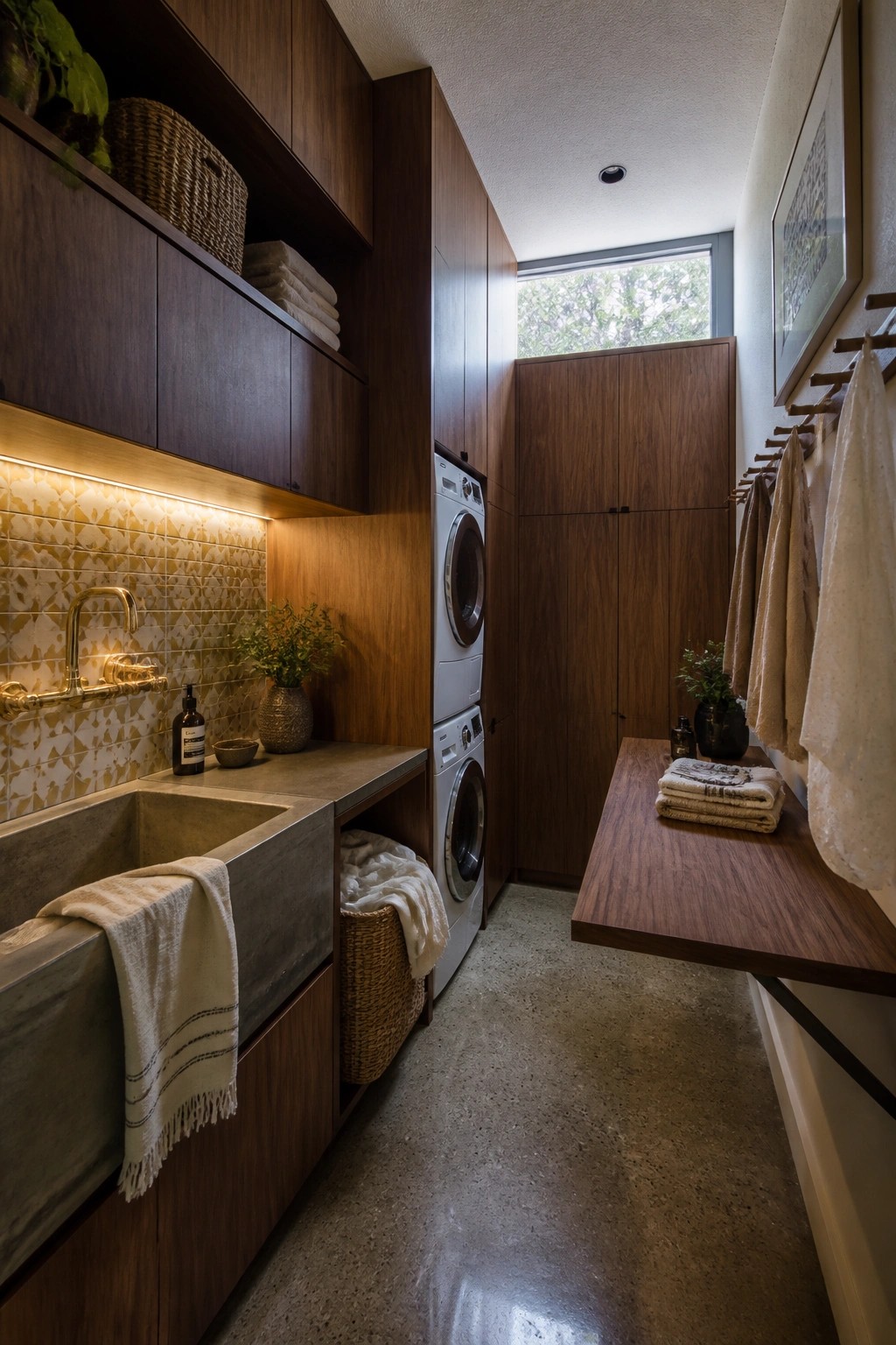A narrow interior laundry room featuring dark wood cabinetry, a concrete sink with brass faucet, stacked washer and dryer, and a wall-mounted wooden folding table.