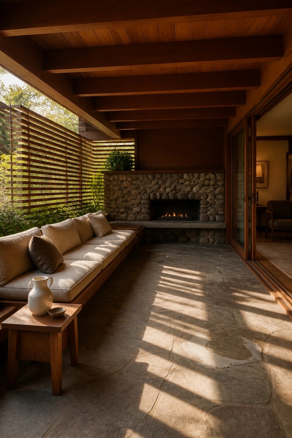 A covered outdoor patio with a large stone fireplace, built-in wooden bench seating with cushions, and a slatted wood screen on the left side.
