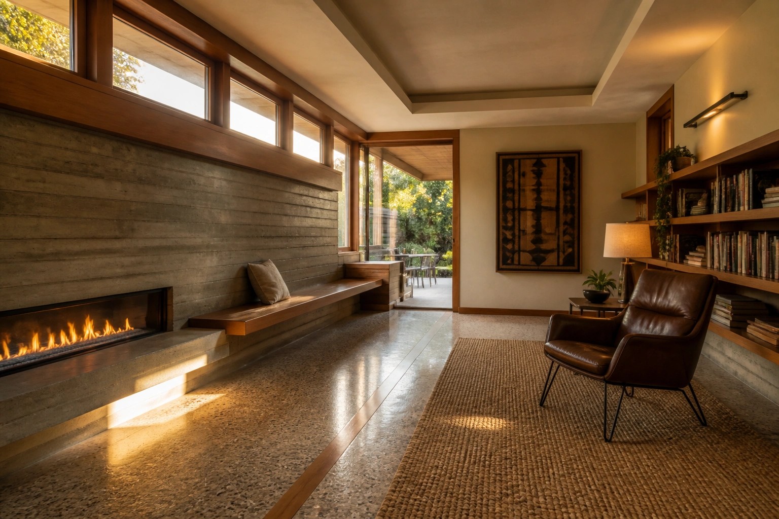 A modern interior with a long built-in bench beside a linear fireplace, a brown leather chair on a woven rug, and an open doorway to an outdoor patio.