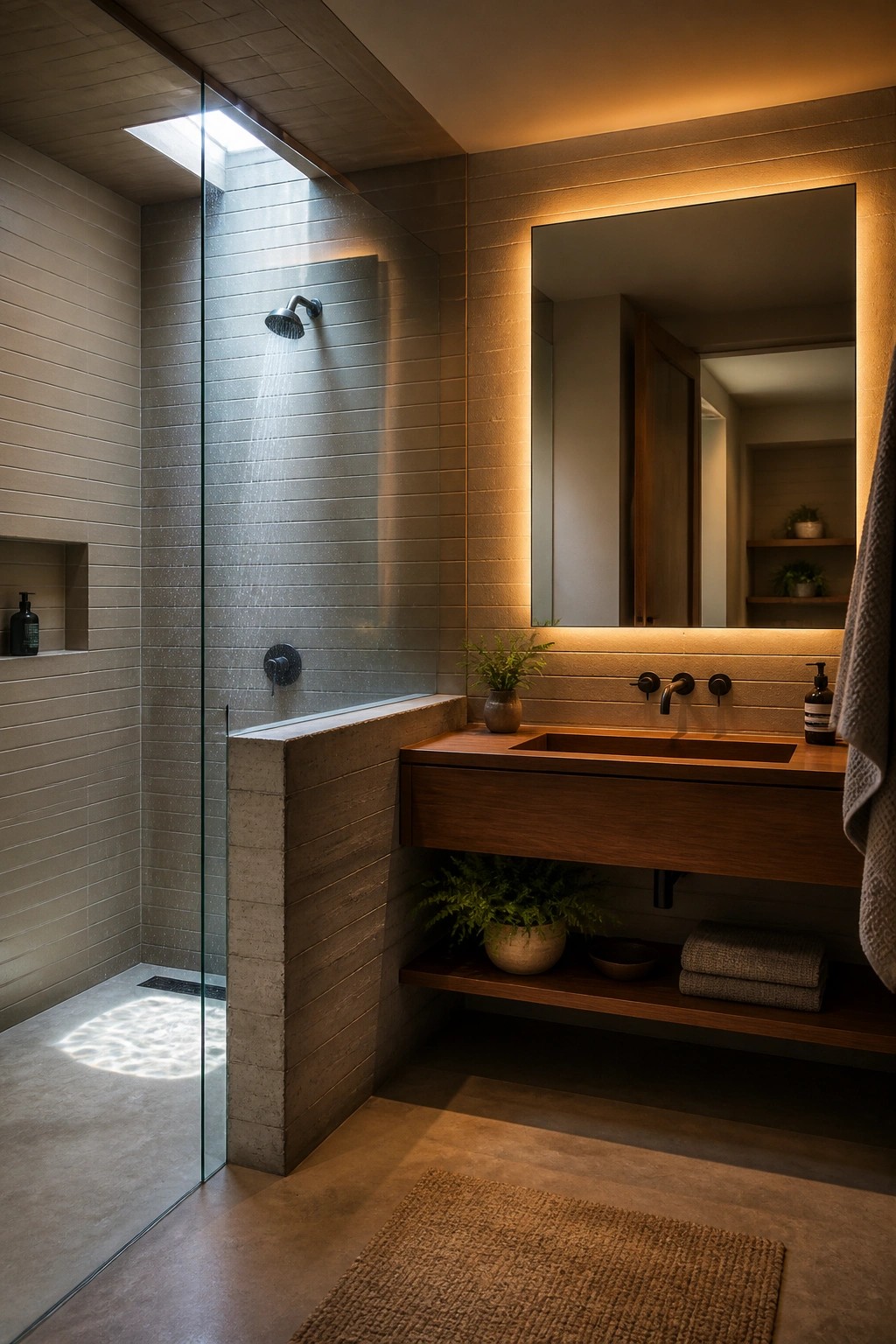 Modern bathroom with glass rainfall shower, floating wood vanity, and illuminated mirror.