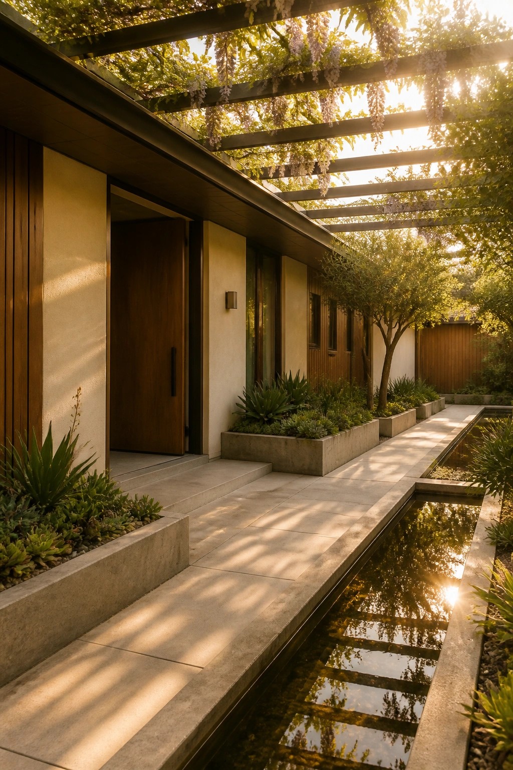 Modern house exterior with wooden door, concrete planters, and a long reflecting pool running parallel to a paved walkway under a vine-covered pergola.