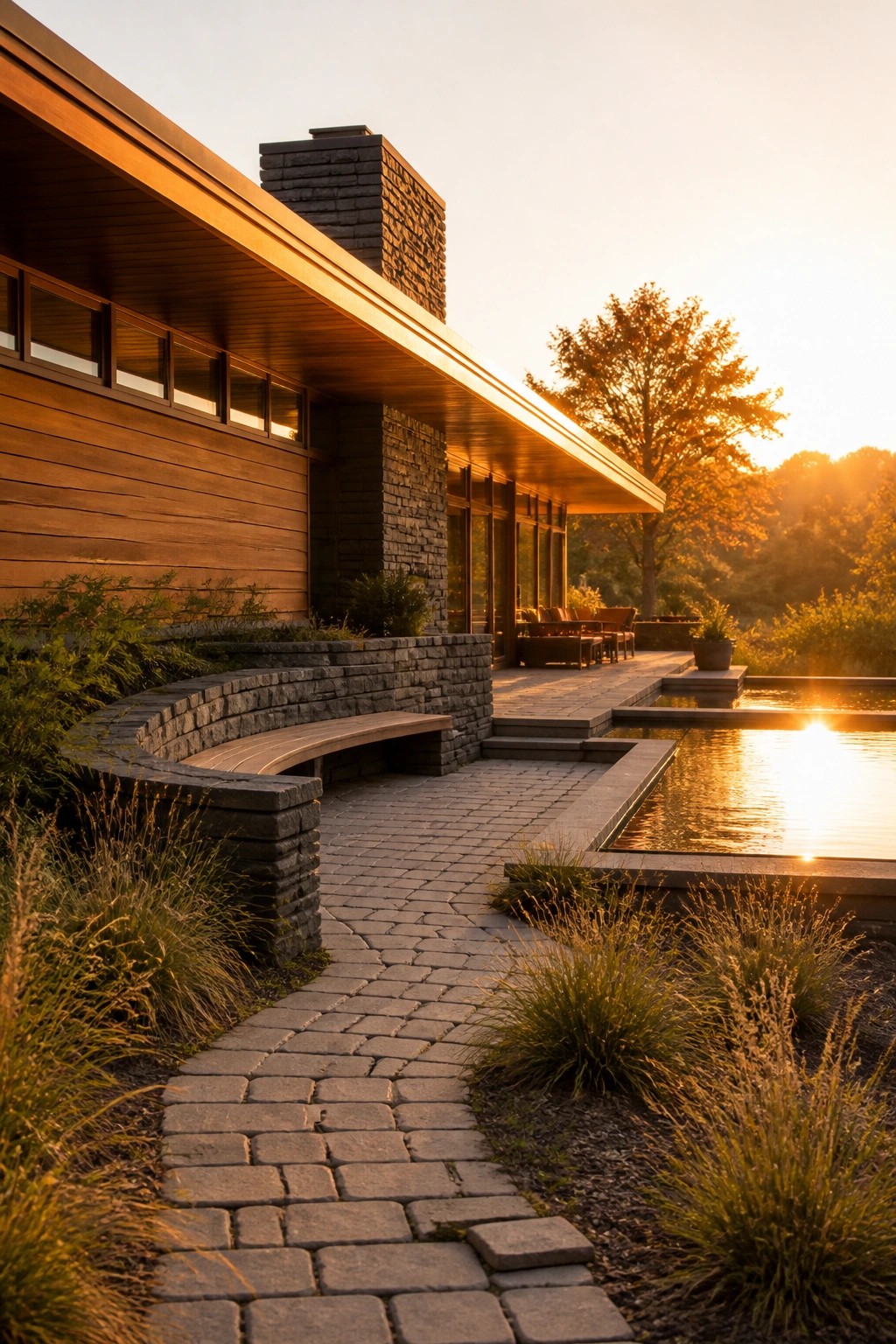 A modern wood and stone house with a curved stone pathway leading to a patio and pool at sunset, surrounded by grasses and trees.