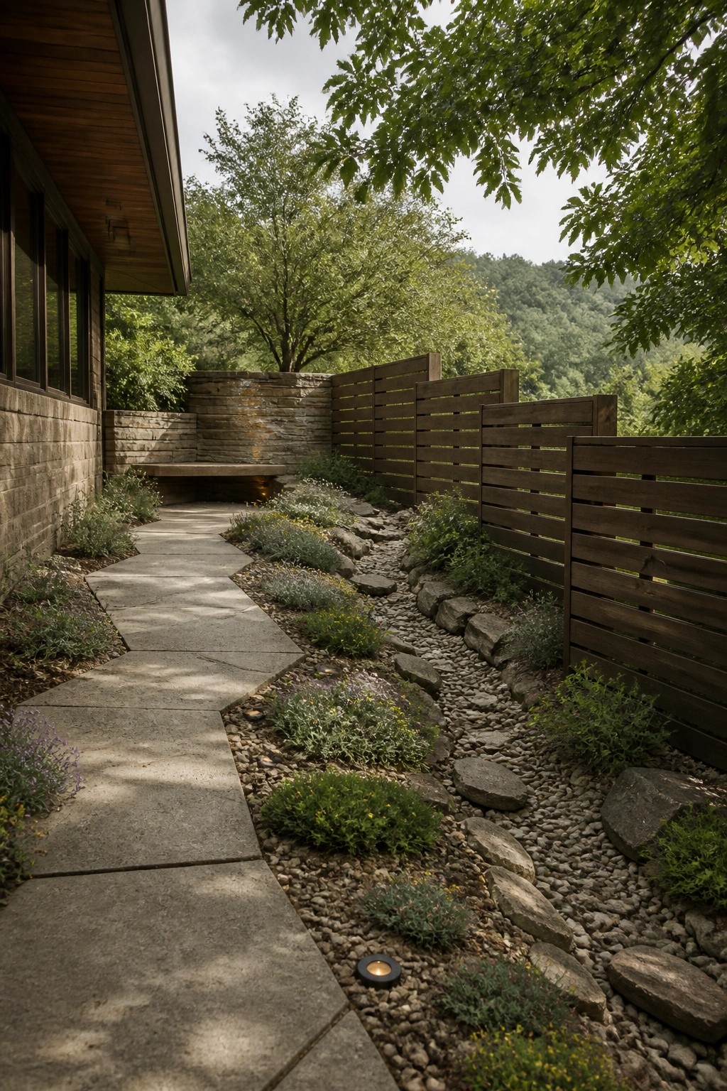 A concrete walkway runs beside a house, bordered by gravel, flat stepping stones, low shrubs, and a wooden fence.