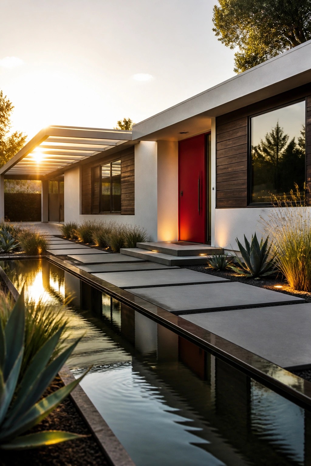 A modern ranch house with a bright red front door, concrete pavers crossing a narrow water feature, and desert plants along the path.