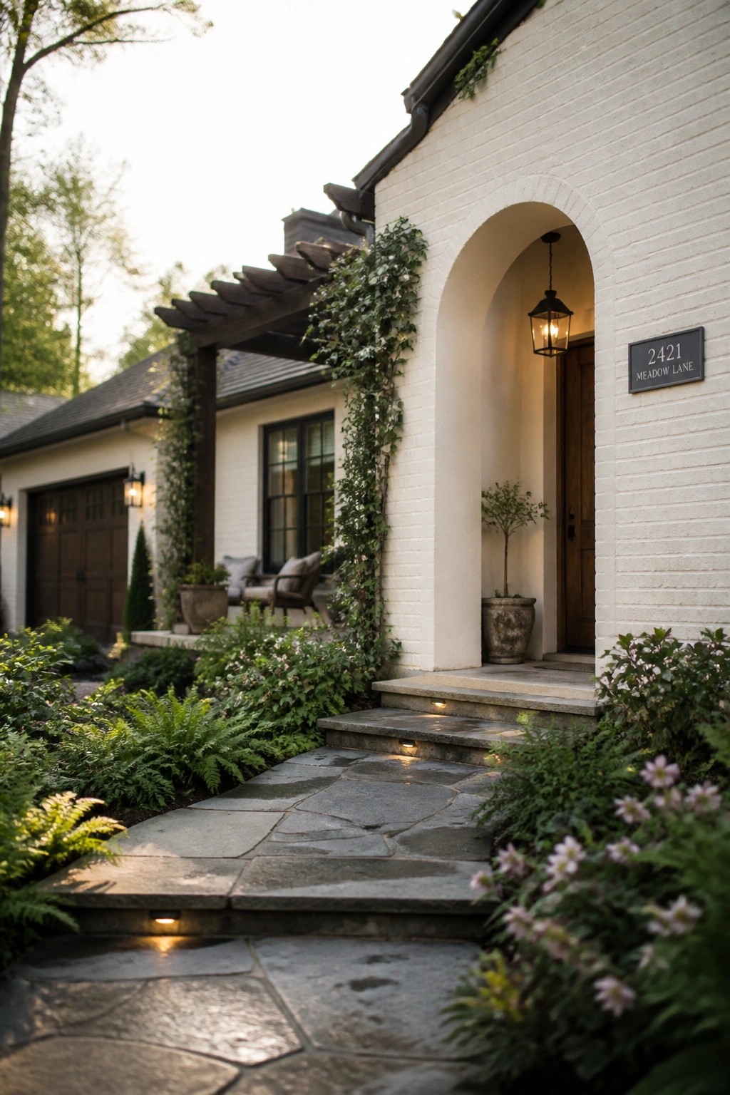 A white brick house exterior featuring an arched entry with a hanging lantern, wooden door, address plaque, and a stone pathway with lit steps.