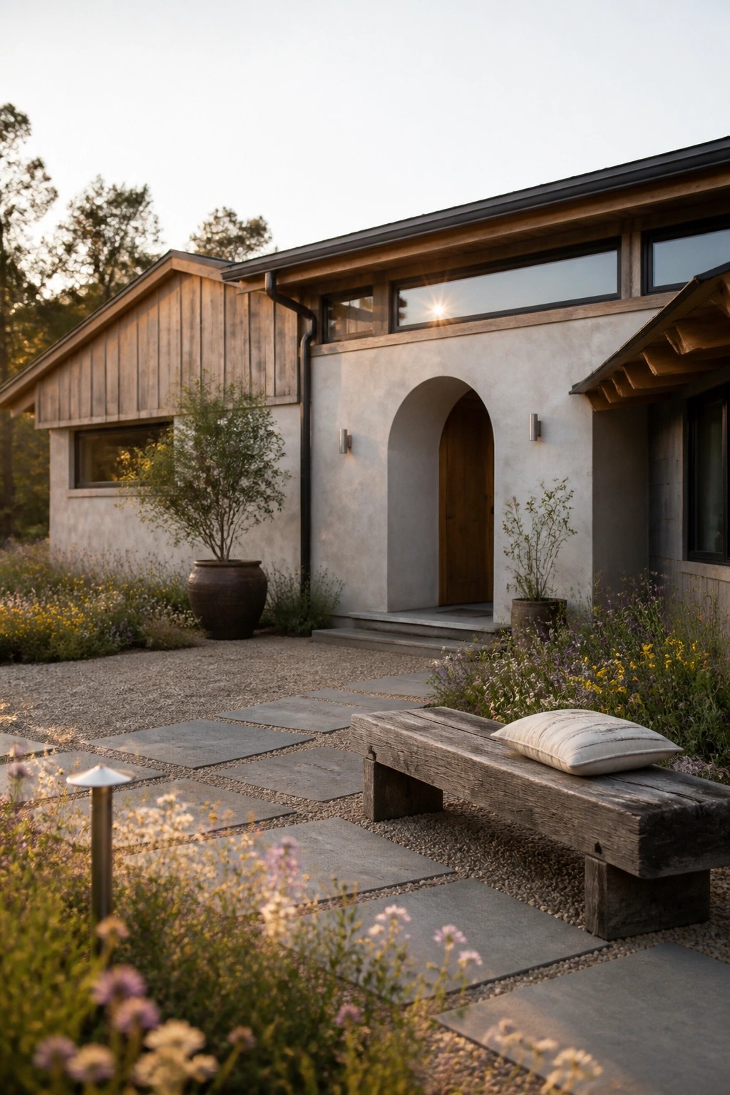 Modern house with arched wooden door, bench, stone path, and wildflower garden at dusk.