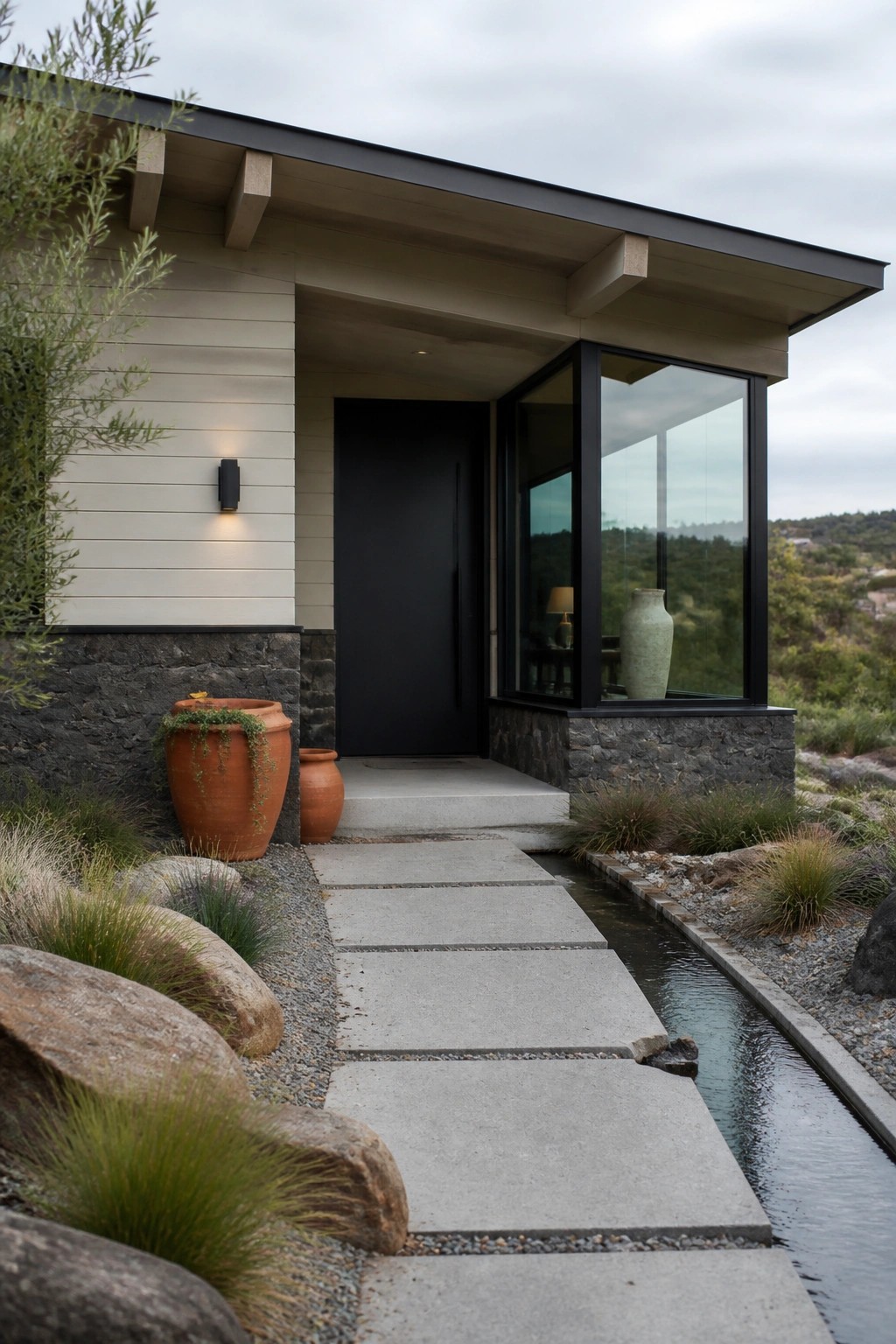 Modern home entrance with black door, glass windows, terracotta pots, and stone path with water.