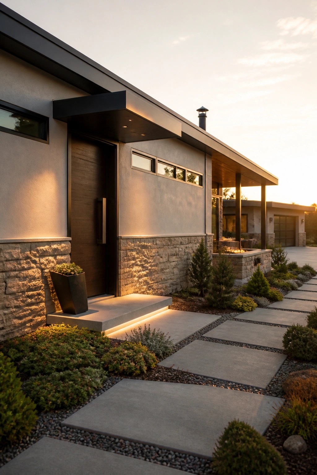 Modern house with dark door, stone base, lit pathway, and garden at dusk.