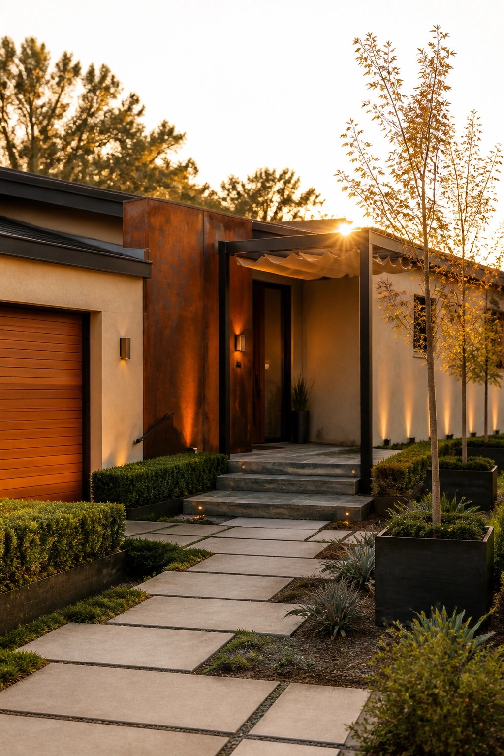 A contemporary ranch house exterior at sunset featuring corten steel panels beside the entry, a wooden garage door, stone steps, and a paved walkway lined with planters.