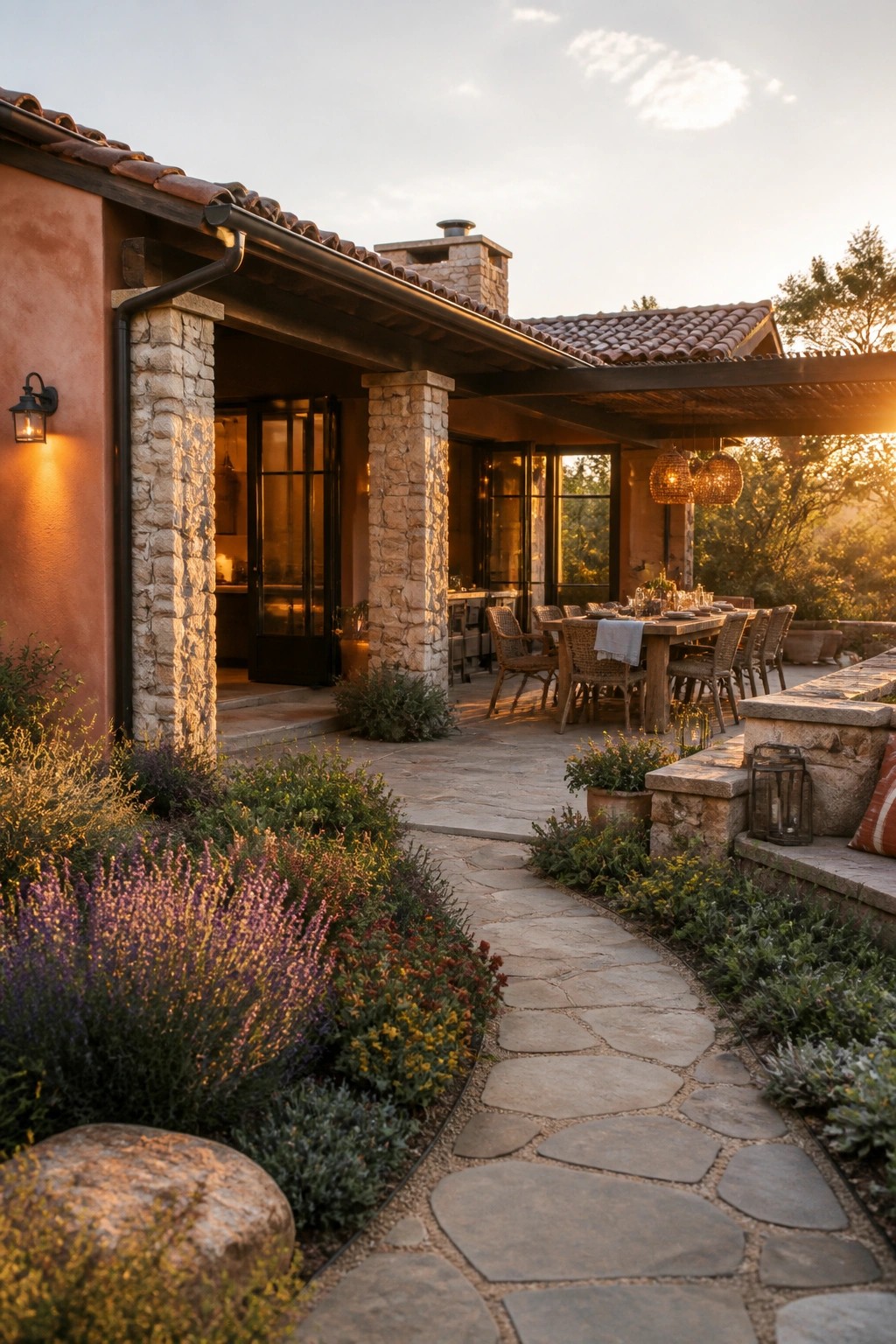 A stone pathway leads to a covered patio dining area with a long wooden table and woven chairs next to a ranch house featuring terracotta walls and stone columns.