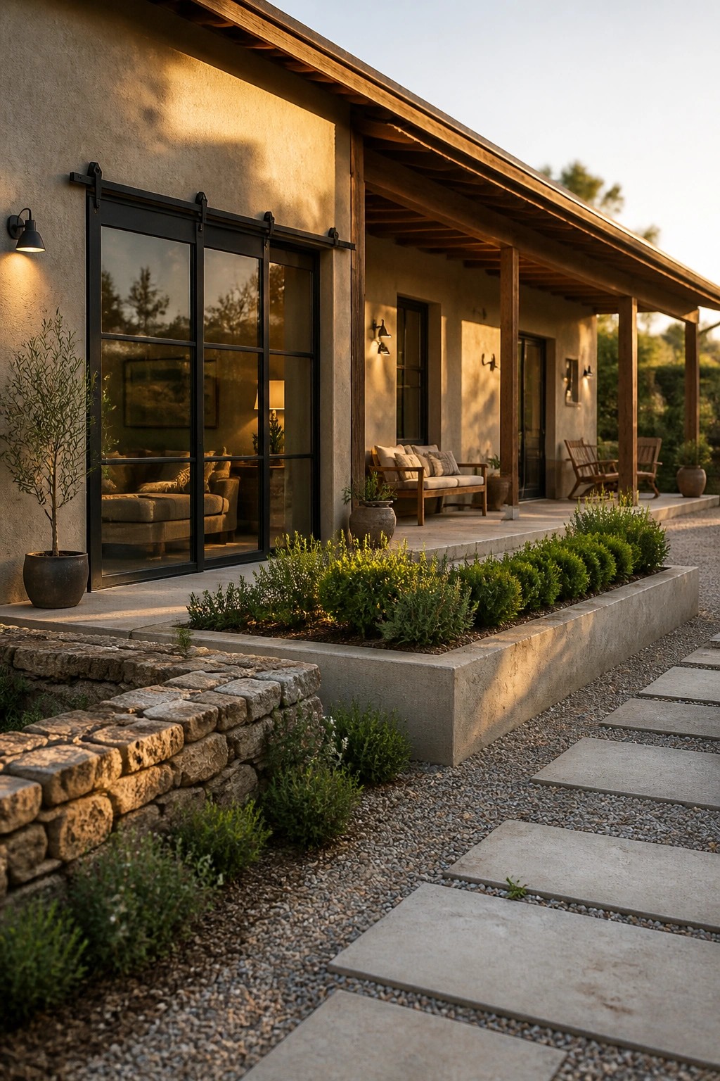 A contemporary ranch house exterior with stucco walls, black-framed sliding doors, a long covered wooden porch, and a raised concrete planter bed with shrubs along the front.