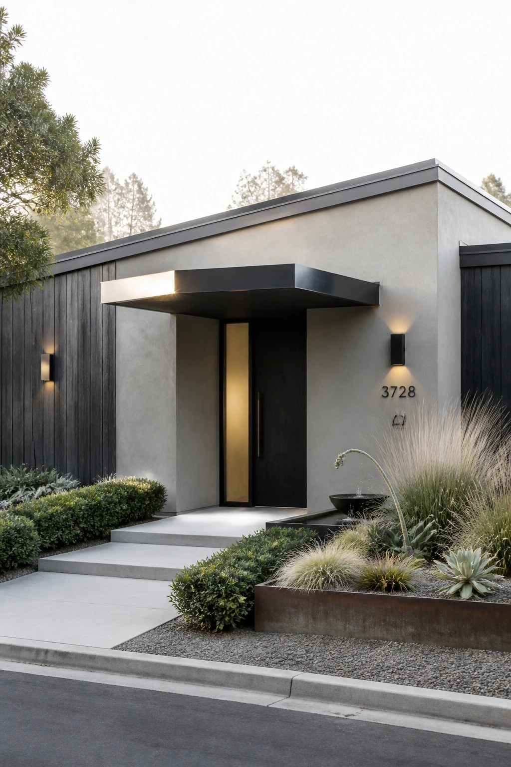 A contemporary ranch house front entrance with a black cantilevered canopy above a dark door, concrete steps, and minimal landscaping.