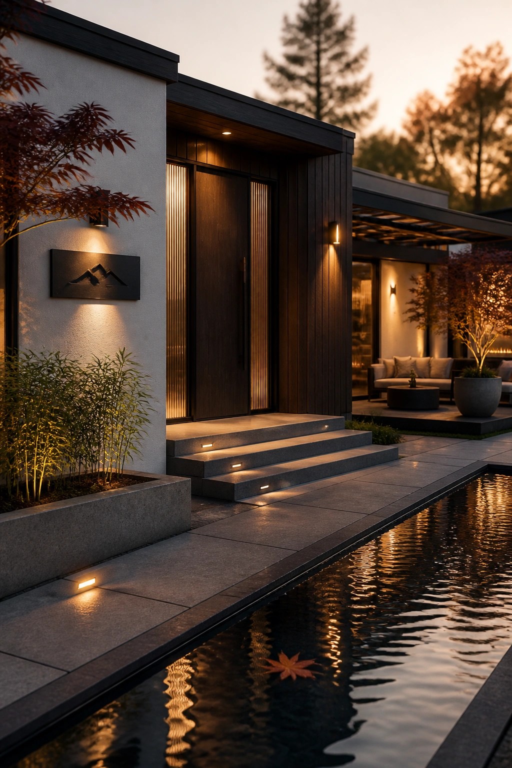 Modern house entrance with dark wood door, vertical grooves, and stone steps fitted with built-in lights beside a reflecting pool at dusk.