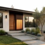 A contemporary ranch house exterior with a wooden front door framed by vertical wood slats, concrete steps, and large terracotta pots beside a gravel path.