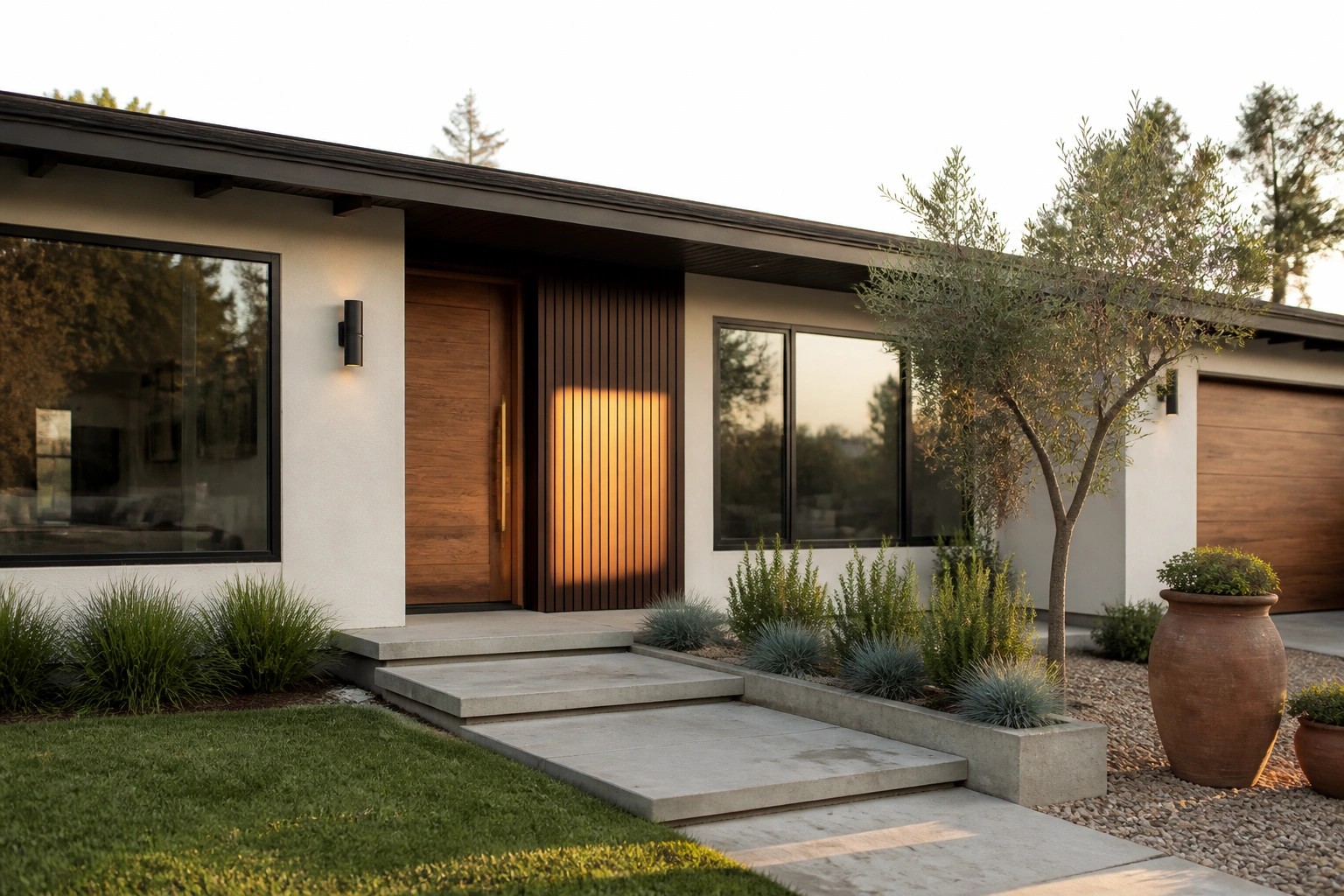 A contemporary ranch house exterior with a wooden front door framed by vertical wood slats, concrete steps, and large terracotta pots beside a gravel path.