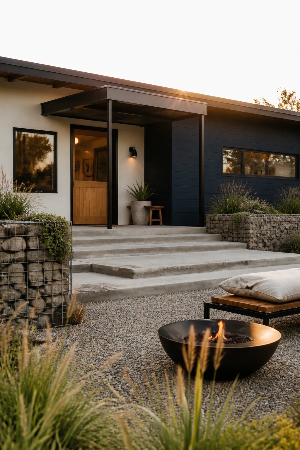 A modern ranch house exterior with concrete steps, an open front door, a black fire pit on gravel in the foreground, and gabion walls with plants flanking the entry.
