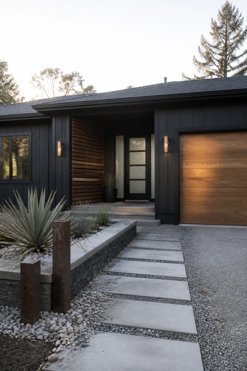 A modern ranch house exterior with dark siding, wood slat accents around the entry, a black door with glass panels, a wood garage door, and a concrete stepping stone path through gravel landscaping.