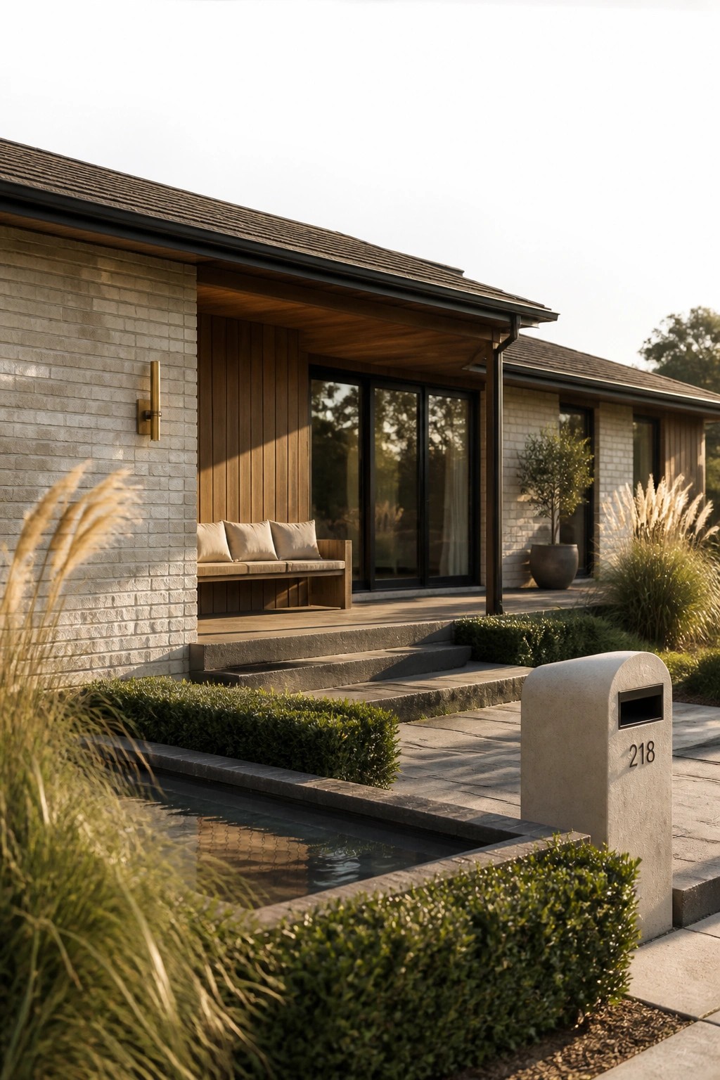 A single-story ranch house exterior with light brick walls, vertical wood paneling around the entry porch, large black-framed glass doors, concrete steps, and landscaping that includes a water feature and mailbox marked 218.
