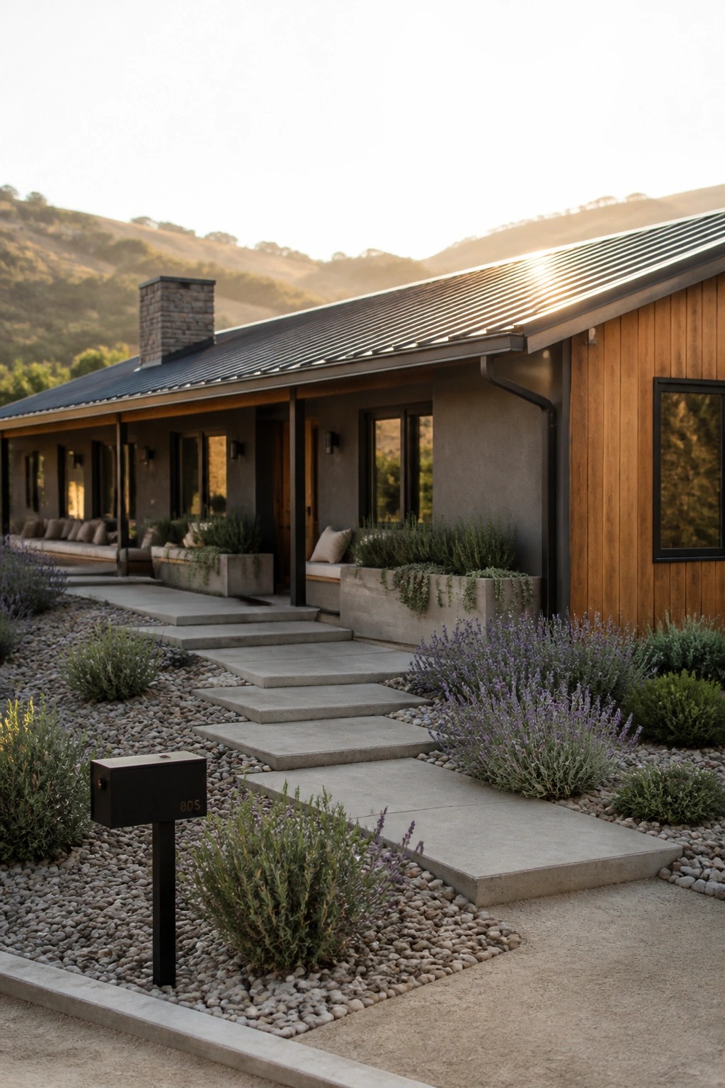 A single-story ranch house exterior featuring wood siding on one section and stucco on another, a dark metal roof, stone chimney, and concrete steps with gravel landscaping.