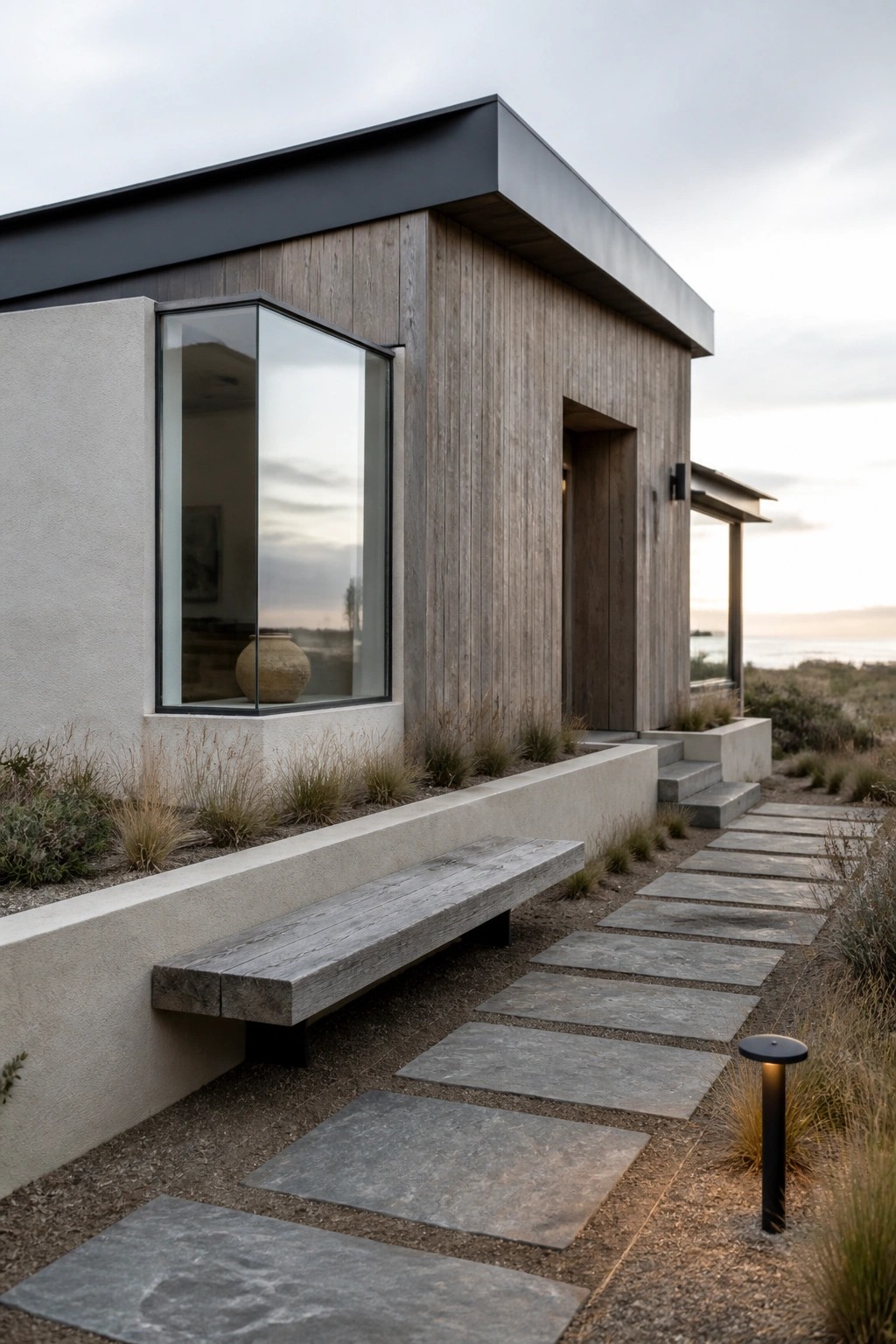 A modern ranch house with vertical wood siding, a large window, concrete walls, and a stone pathway beside a wooden bench.