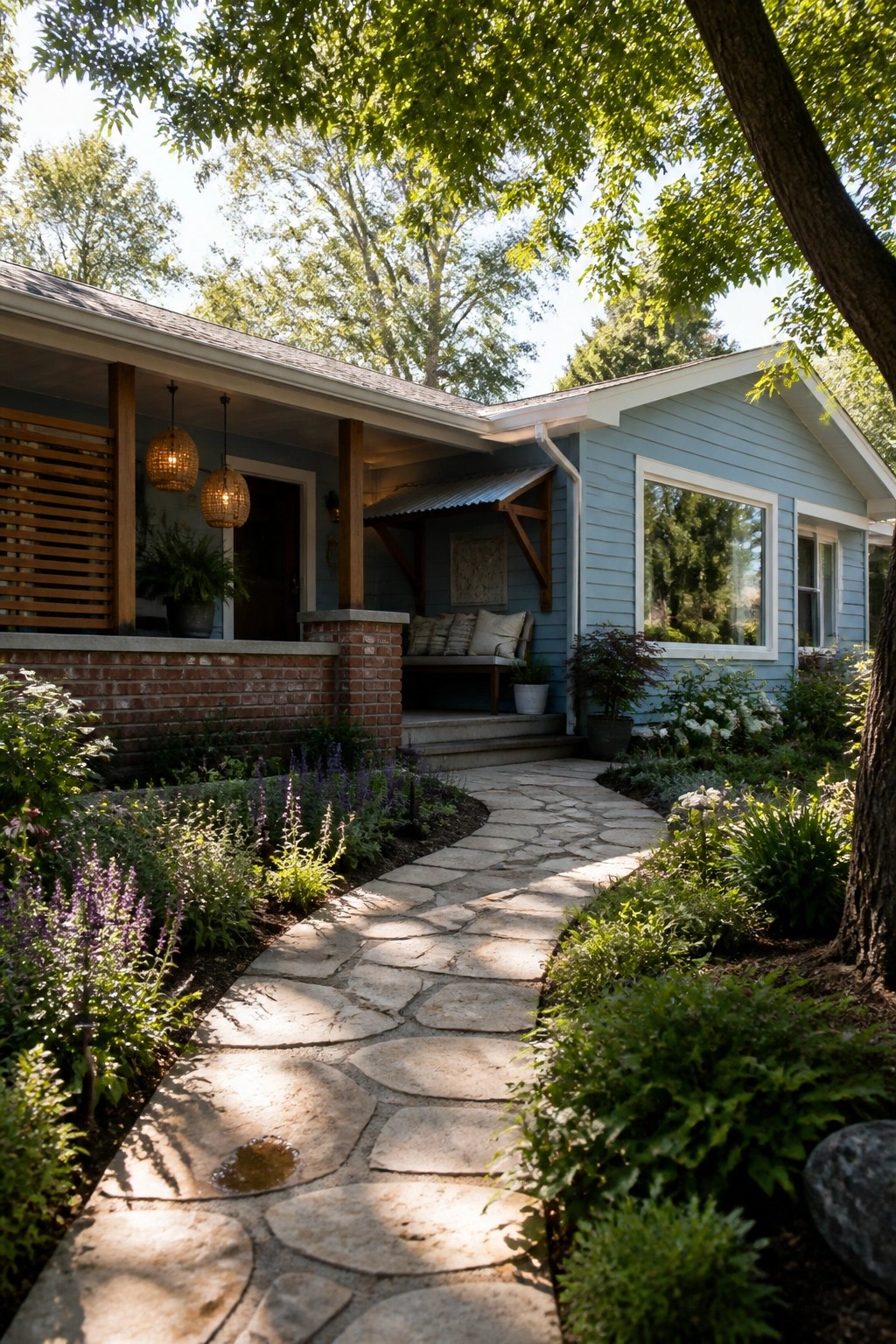 A light blue ranch house with a curved stone pathway leading through garden beds to a covered porch.