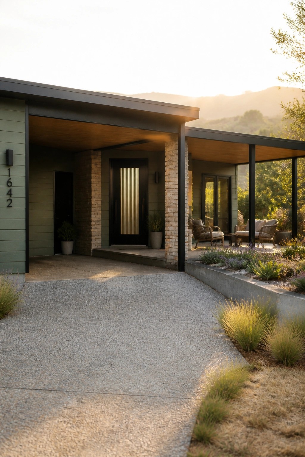 Front view of a modern ranch house with green siding, a black front door with vertical glass panels, stone columns supporting a deep overhang, and a gravel driveway in the foreground.