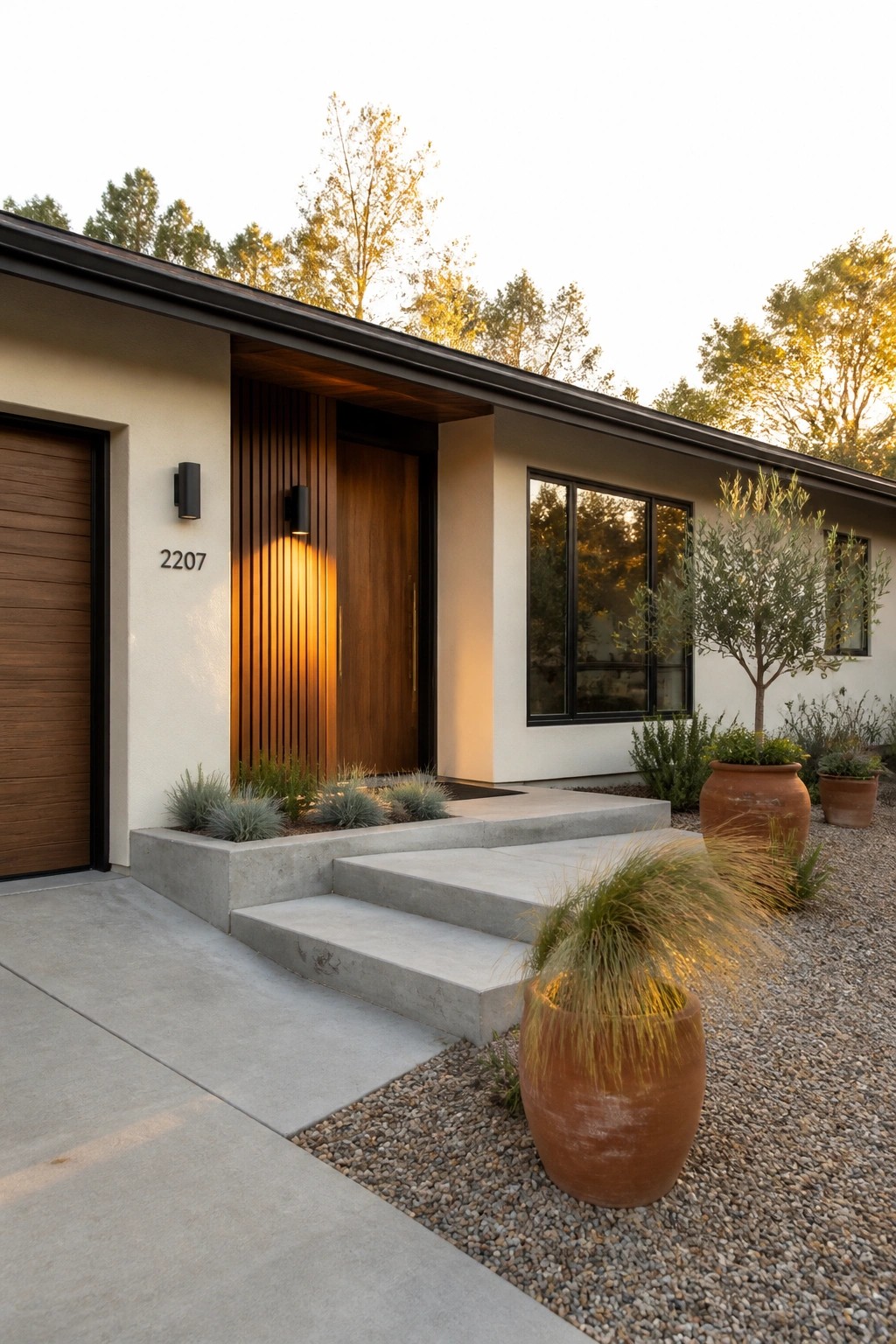 A contemporary ranch house exterior with a wooden front door framed by vertical wood slats, concrete steps, and large terracotta pots beside a gravel path.