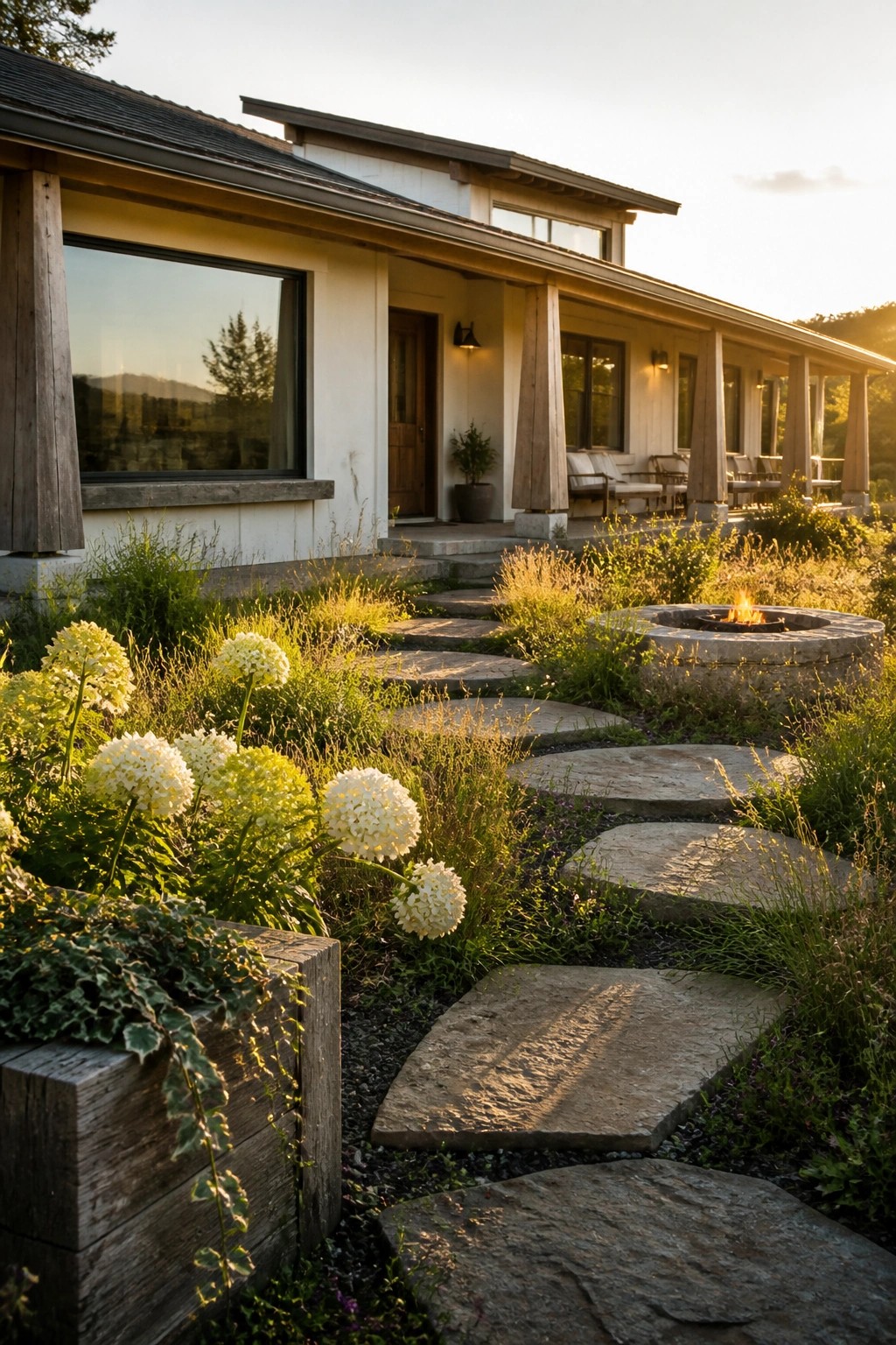 Modern house with stone path to fire pit amid white flowers at sunset.