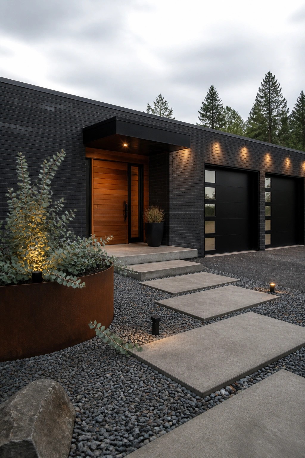 Modern ranch house with dark brick exterior, wooden front door under a black overhang, black garage doors, and concrete stepping stones on gravel.