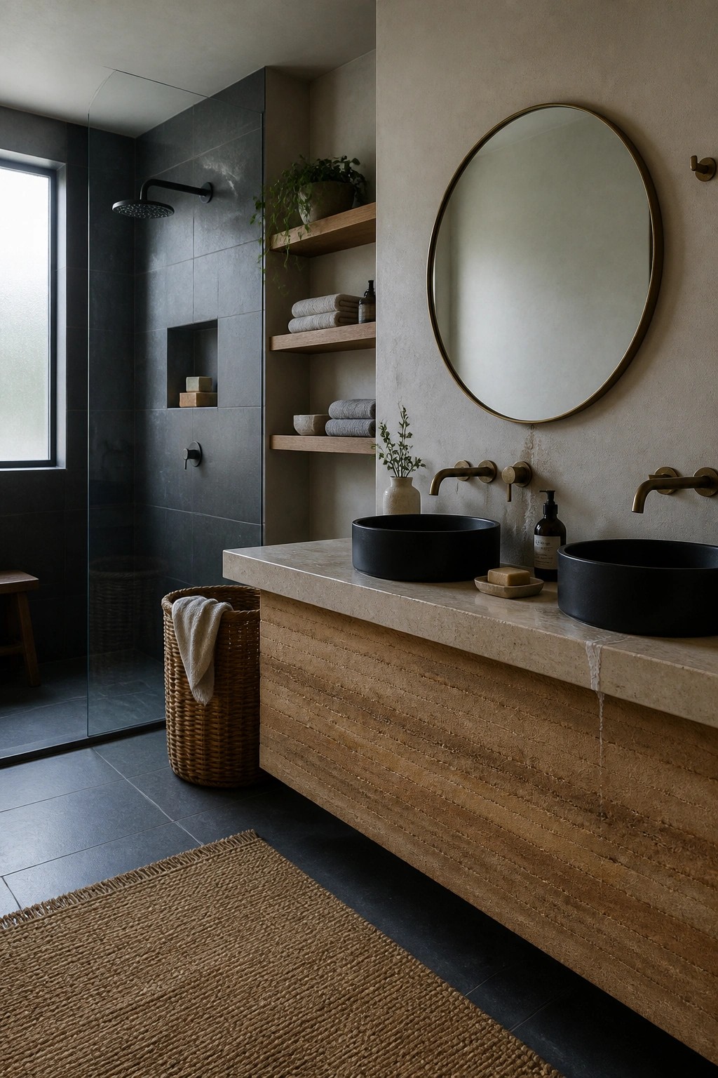 A modern bathroom with a floating wood vanity featuring horizontal rammed earth texture, two black vessel sinks, a round mirror, and a shower area with dark tiles.