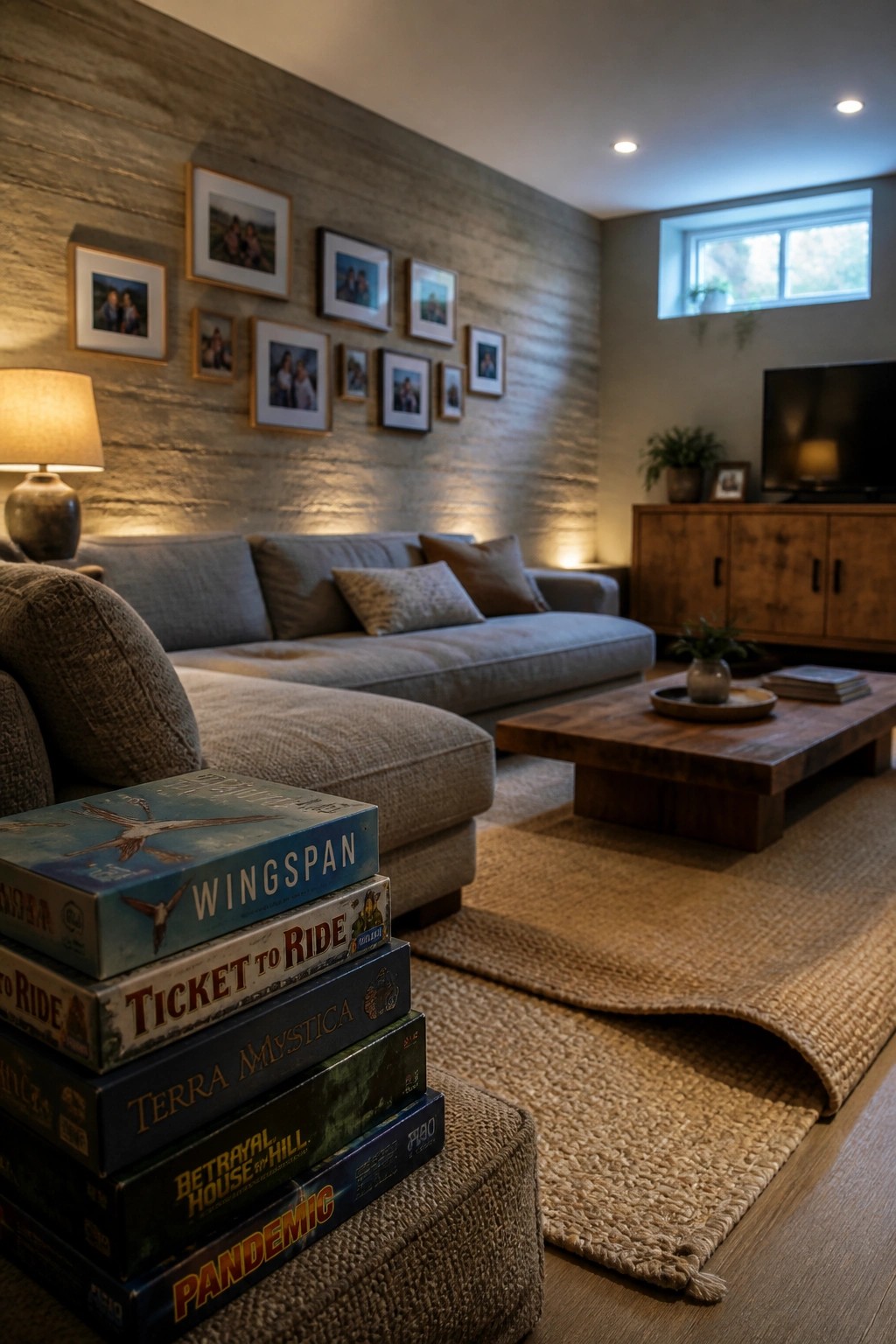 A living room featuring a textured rammed earth accent wall with framed photos, a gray sectional sofa, wooden coffee table, and stacked board games on an ottoman.
