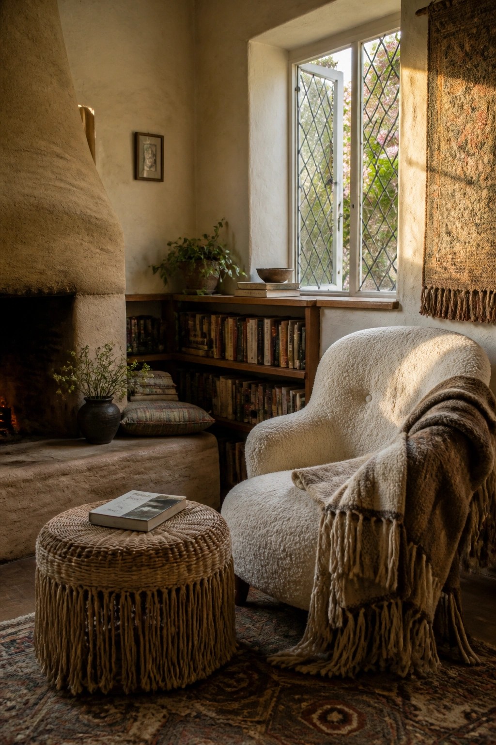 A room interior featuring a large rammed earth fireplace on the left, built-in wooden bookshelves filled with books along the adjacent wall, a white upholstered armchair with a fringed throw, and a fringed woven ottoman holding a book.
