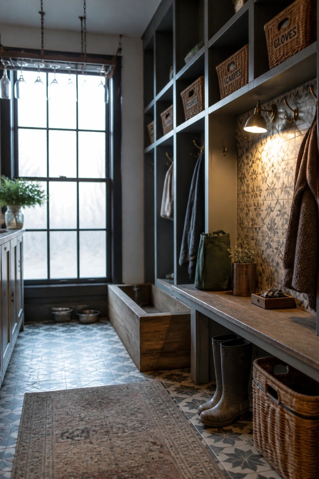 Interior view of a mudroom with dark built-in shelving, wicker baskets, wall hooks, a wooden bench, rubber boots, and patterned floor tiles beside a large window.