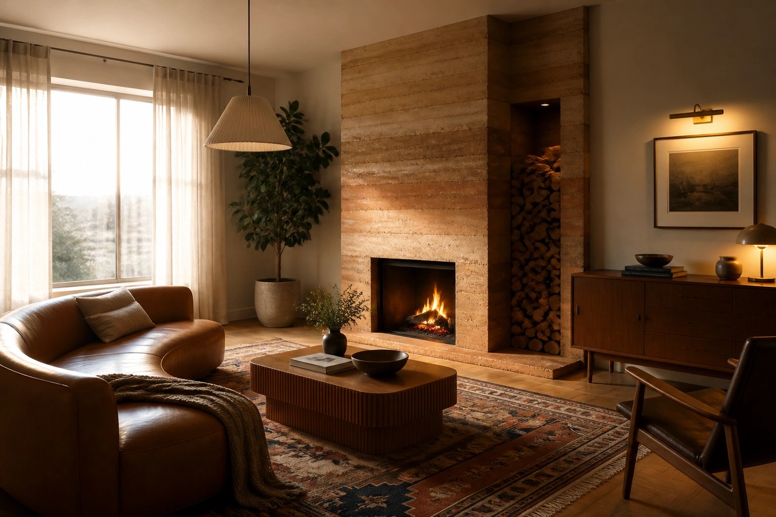A living room centered on a tall rammed earth fireplace with a lit fire, layered earth tones, and an integrated wood storage niche to the right.