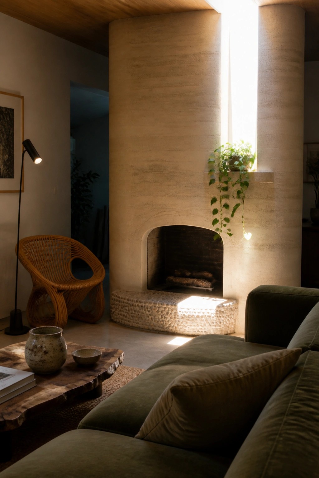 A living room centered on a tall rammed earth fireplace with a curved hearth, a green sofa in the foreground, and a woven chair beside a floor lamp.