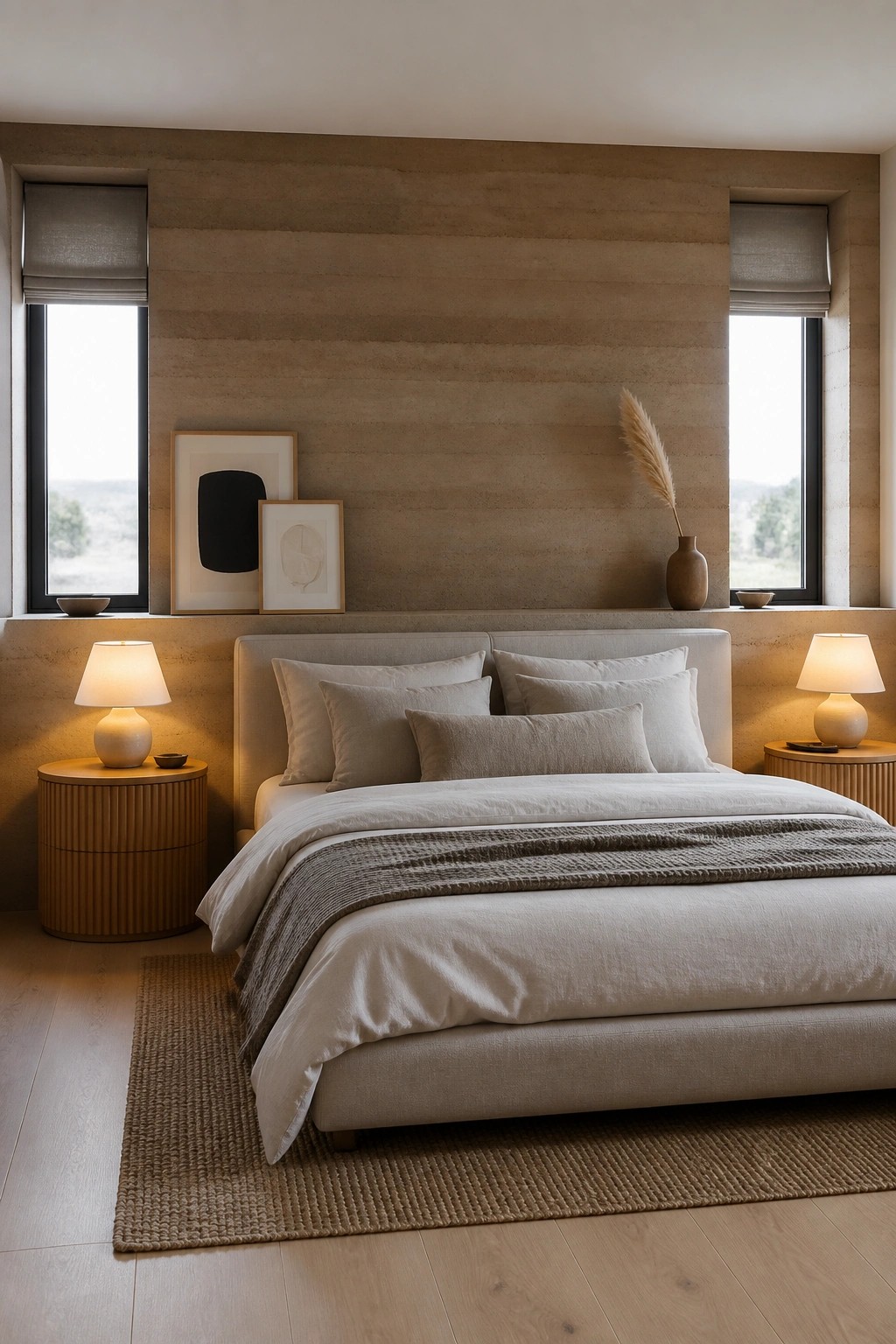 A bedroom with a large rammed earth wall behind a bed dressed in light linens, two windows on either side, and wooden nightstands with lamps.
