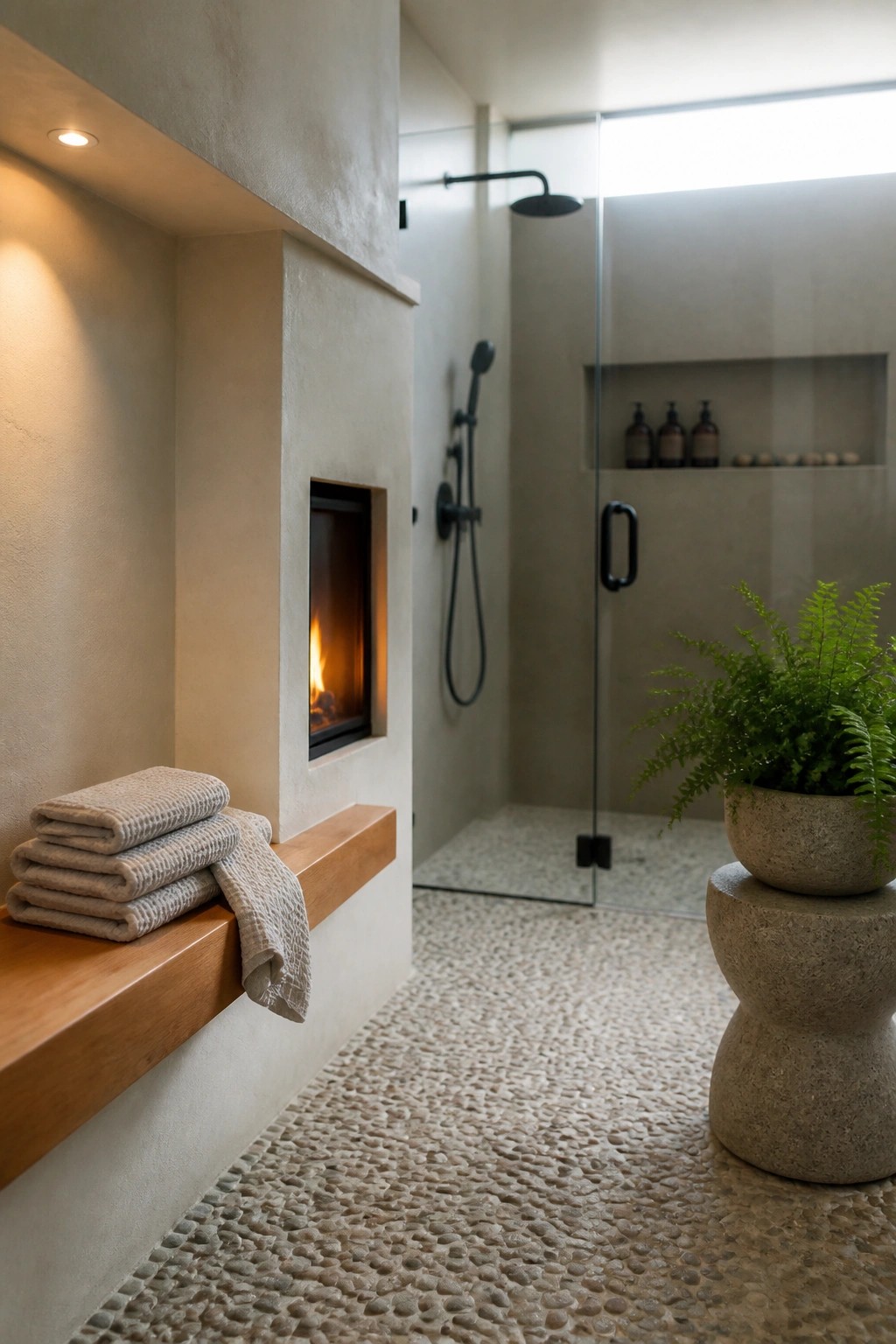 A bathroom with a small fireplace built into a rammed earth wall next to a glass shower with pebble flooring.