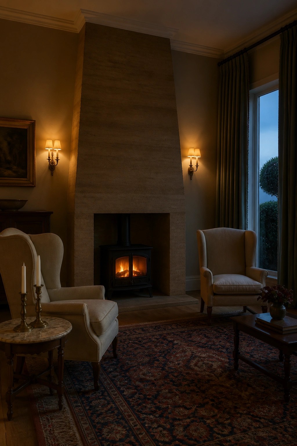 A living room with a tall rammed earth fireplace wall containing a wood-burning stove, flanked by two upholstered armchairs.