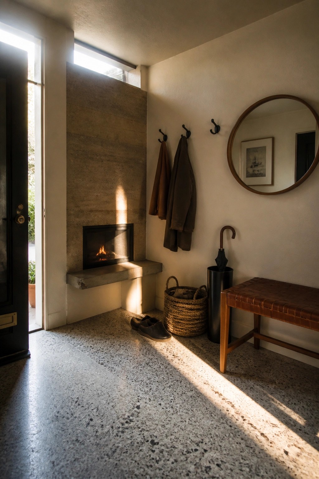 A rammed earth fireplace with a lit fire sits in a room with a speckled concrete floor, hanging coats, a woven basket, and a round mirror on the wall.